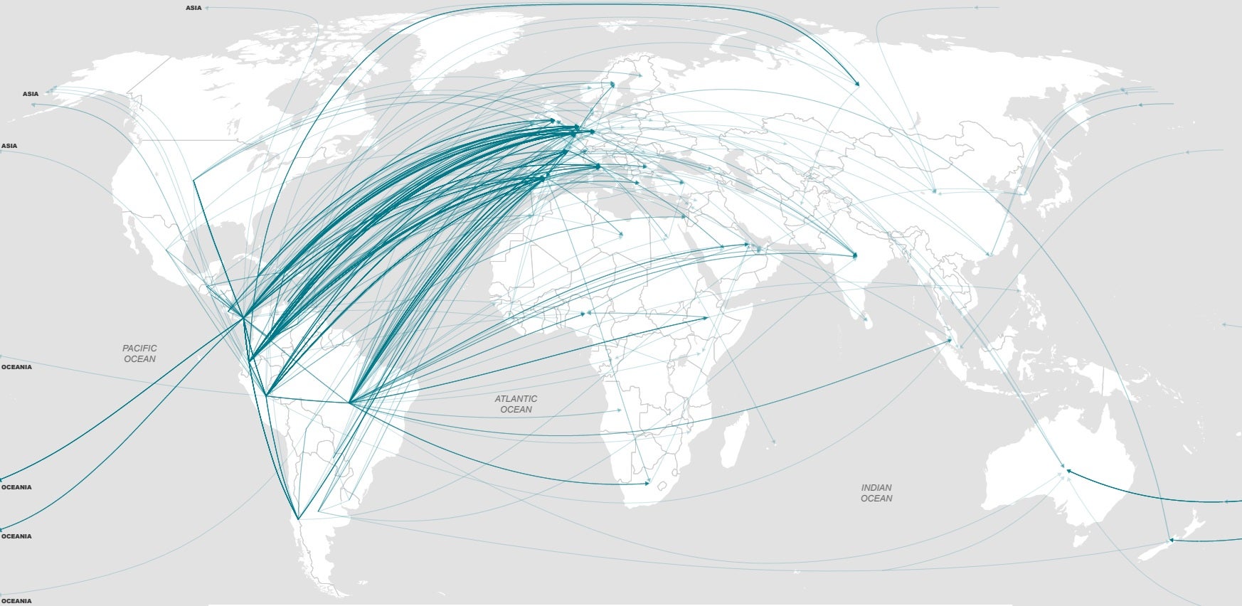 Cocaine trafficking routes leaving the Americas by seizures in 2023-24. It became the sixth most popular destination in the Americas, after England, Spain, Belgium, Netherlands, France and Italy.