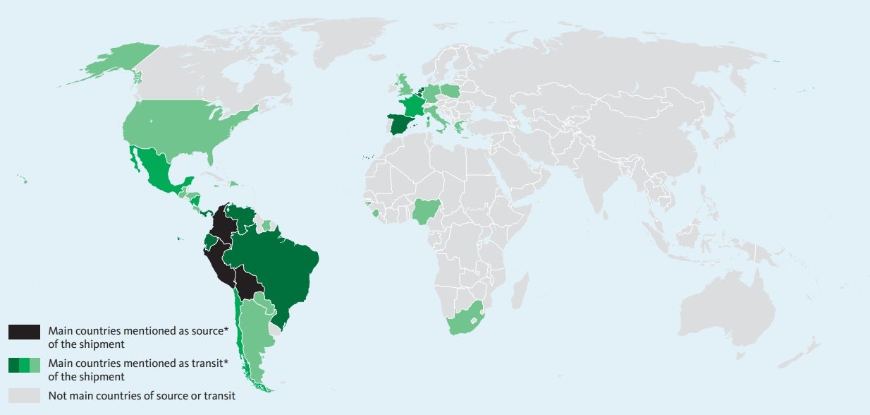 Main countries of origin or transit for cocaine shipments as disclosed in reported seizures, 2020-23