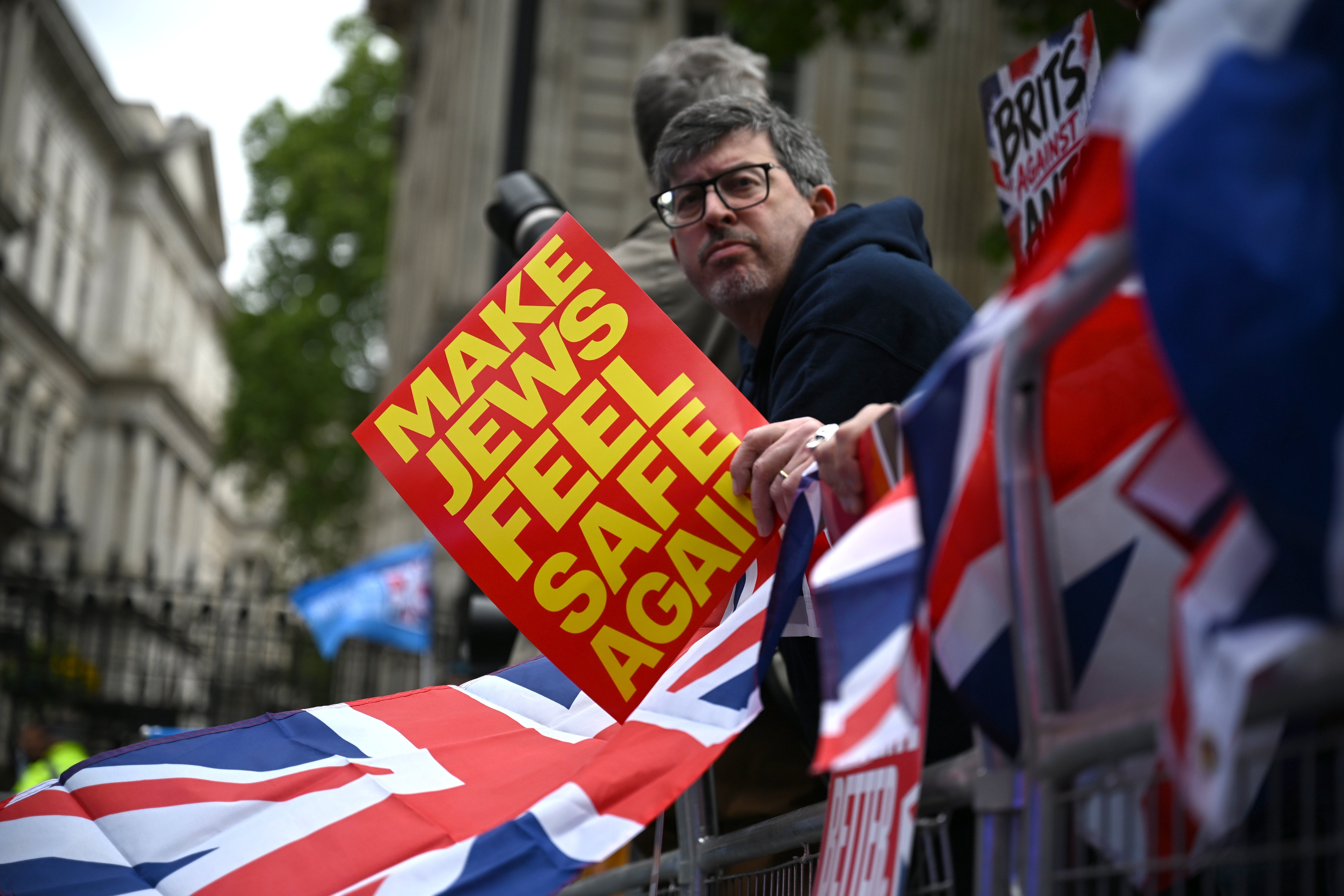 Protesters gathered at Downing Street for the 'Britain Stands With British Jews' rally earlier this month