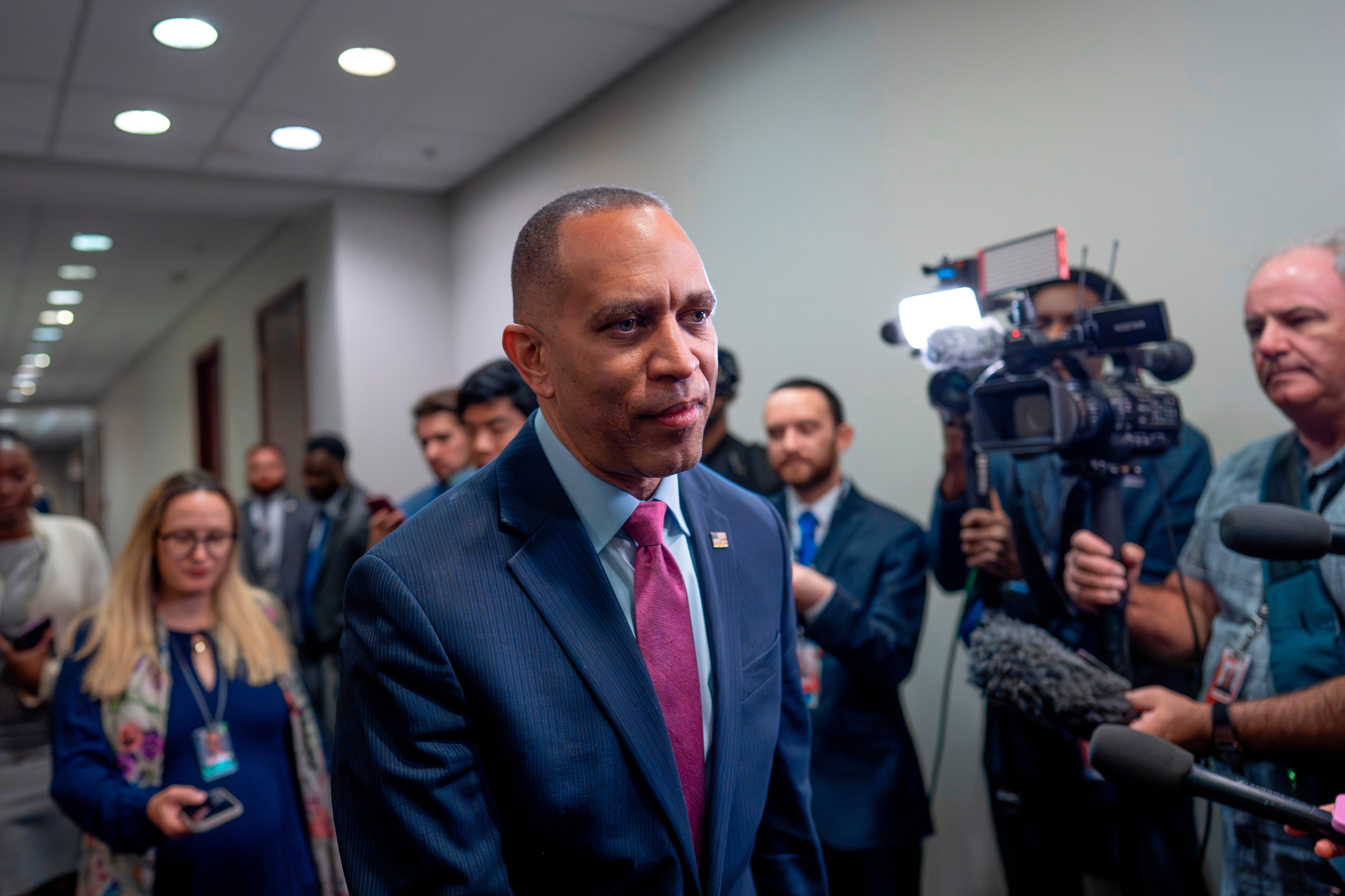 Trump said his idea had come while talking to Democratic House Minority leader Hakeem Jeffries who he described as a ‘very low IQ individual.’ The president’s ire towards Jeffries is well-documented