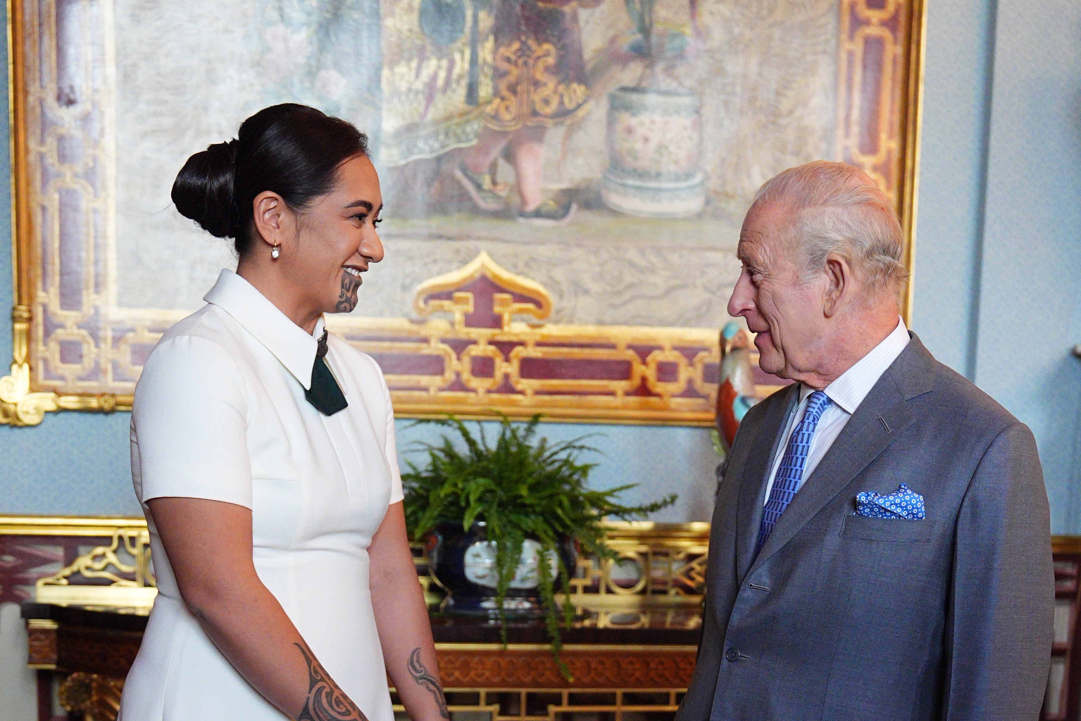 King Charles III during an audience with Maori Queen, Te Arikinui Kuini Nga wai hono i te po at Buckingham Palace on 14 May 2026 in London, England