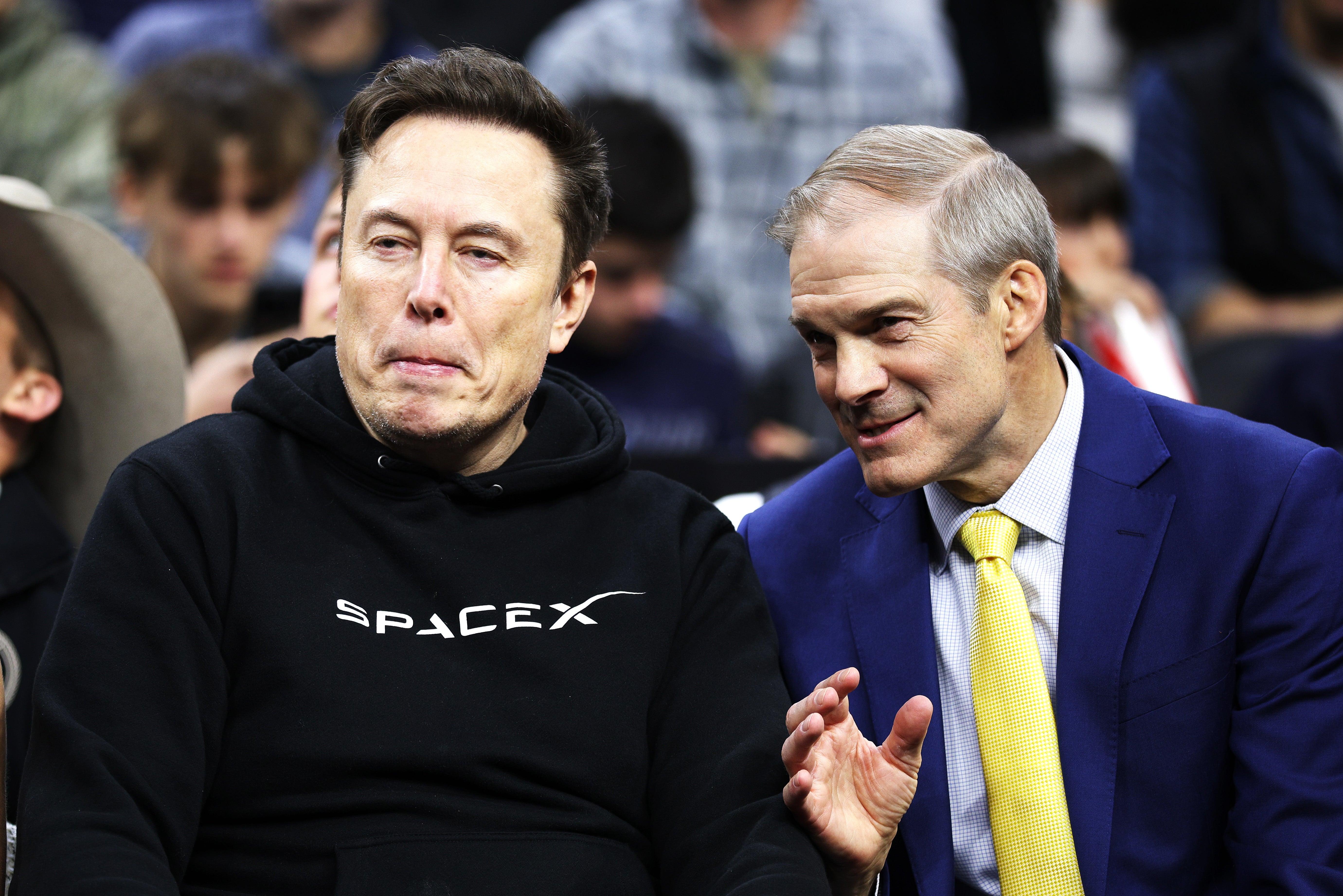 Jim Jordan with Elon Musk ahead of the NCAA Division I Wrestling Championship in Philadelphia, Pennsylvania in March 2025.