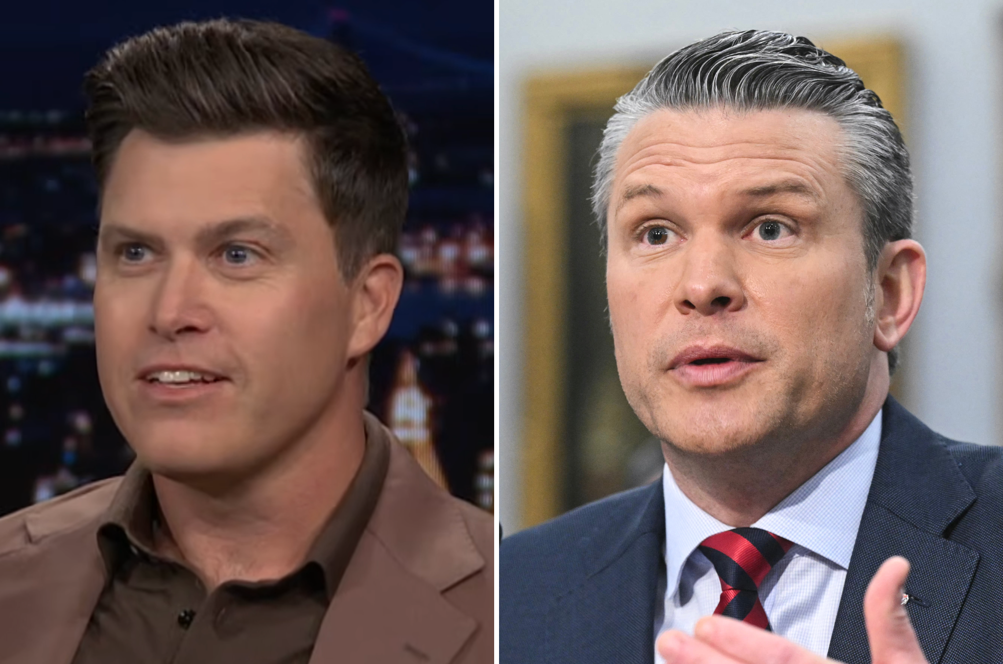 A estrela do SNL Colin Jost (à esquerda) originalmente apresentou um esboço sobre Pete Hegseth que foi considerado 'muito ridículo', mas duas semanas depois realmente aconteceu