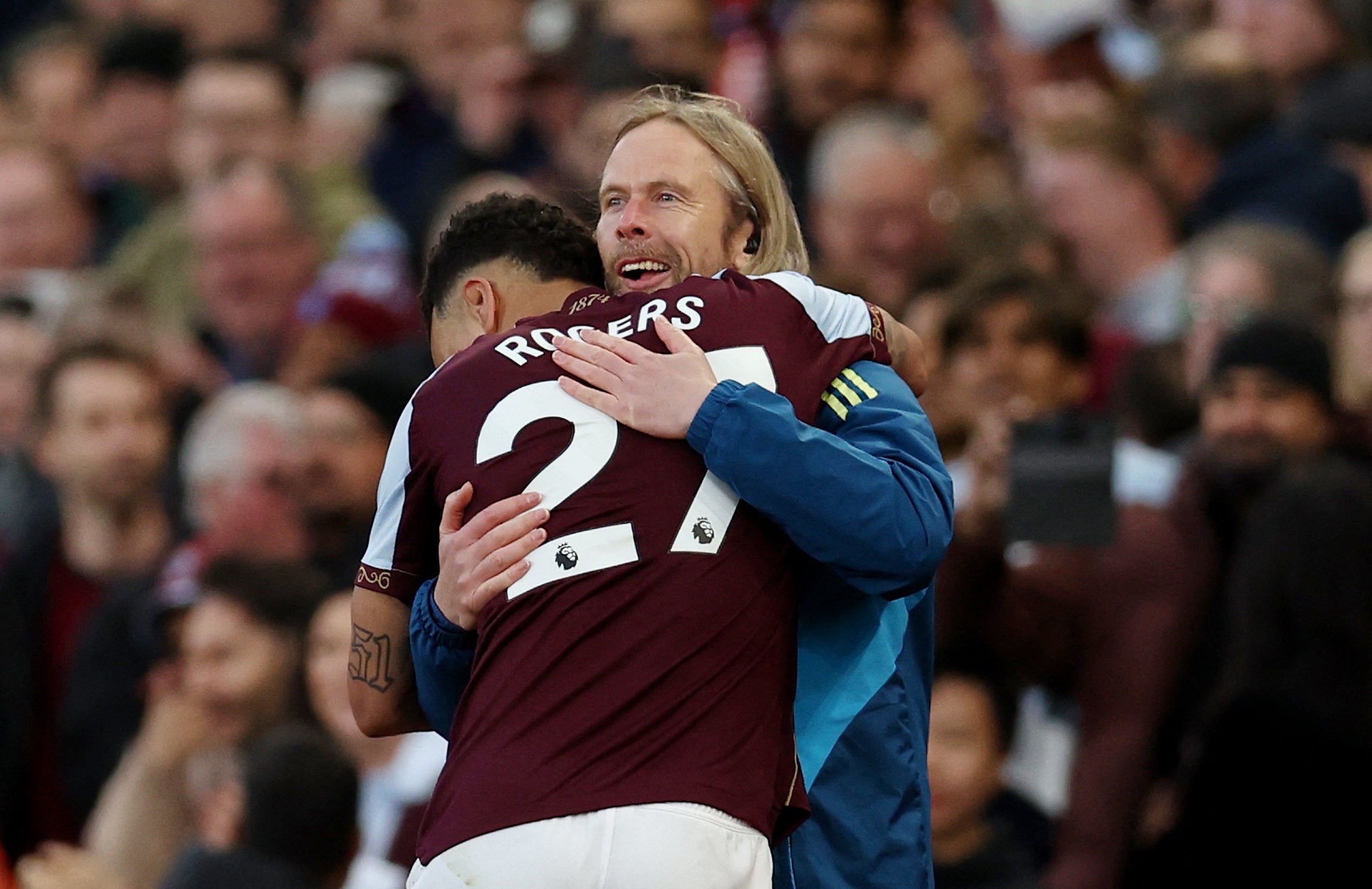 Aston Villa's set piece coach Austin MacPhee celebrates after Morgan Rogers' opening goal