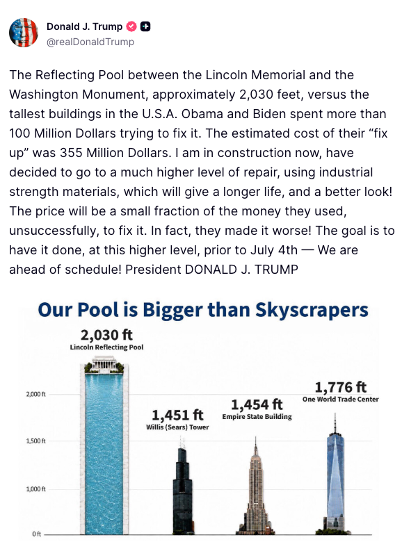President Donald Trump said his renovations to the Lincoln Memorial Reflecting Pool will give it a 'longer life, and a better look'