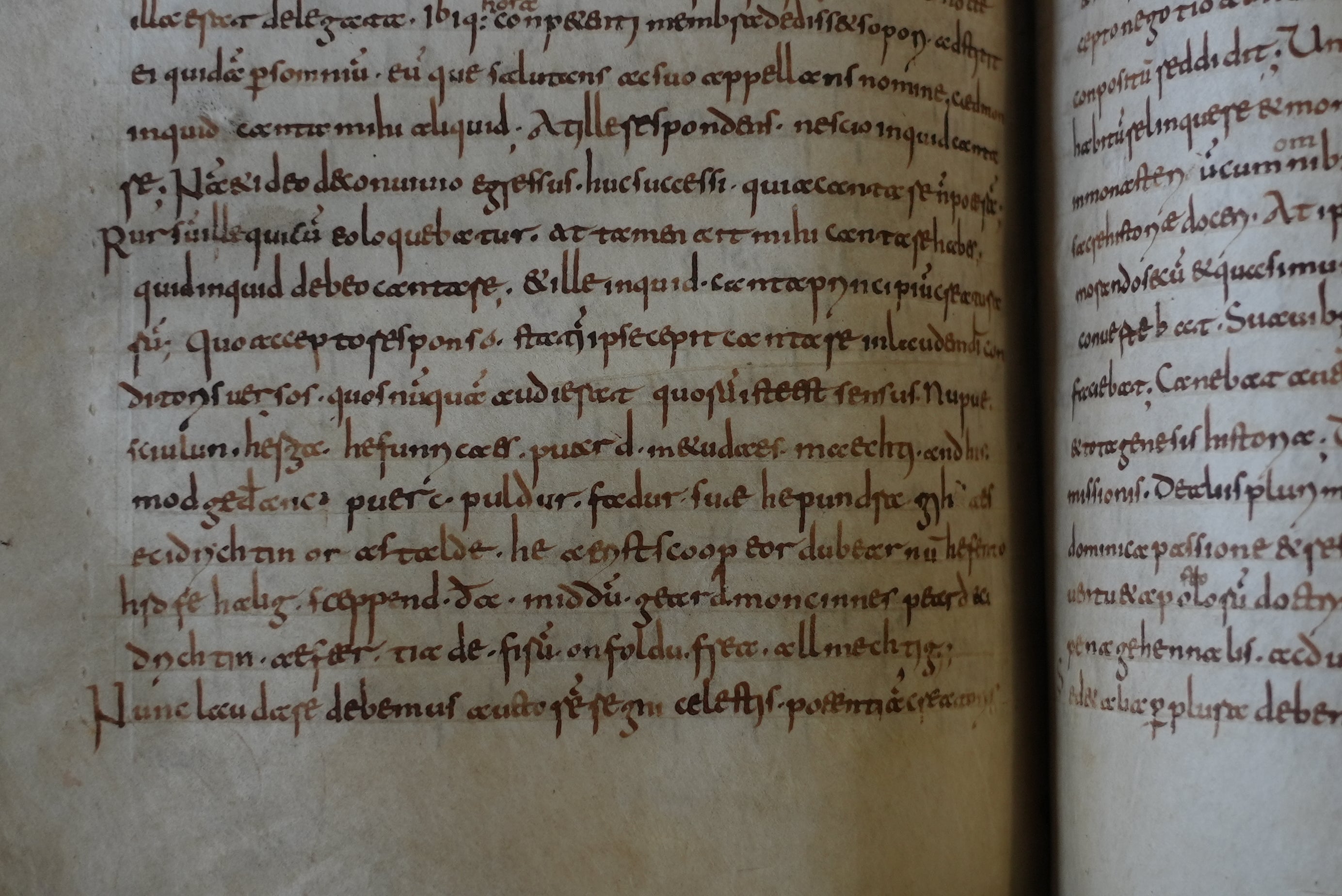 A rare, long-lost copy of Caedmon's Hymn — the first poem ever written down in Old English — is visible in the five lines above the final line of a page from an 8th-century manuscript copy of the Venerable Bede's Ecclesiastical History of the English People