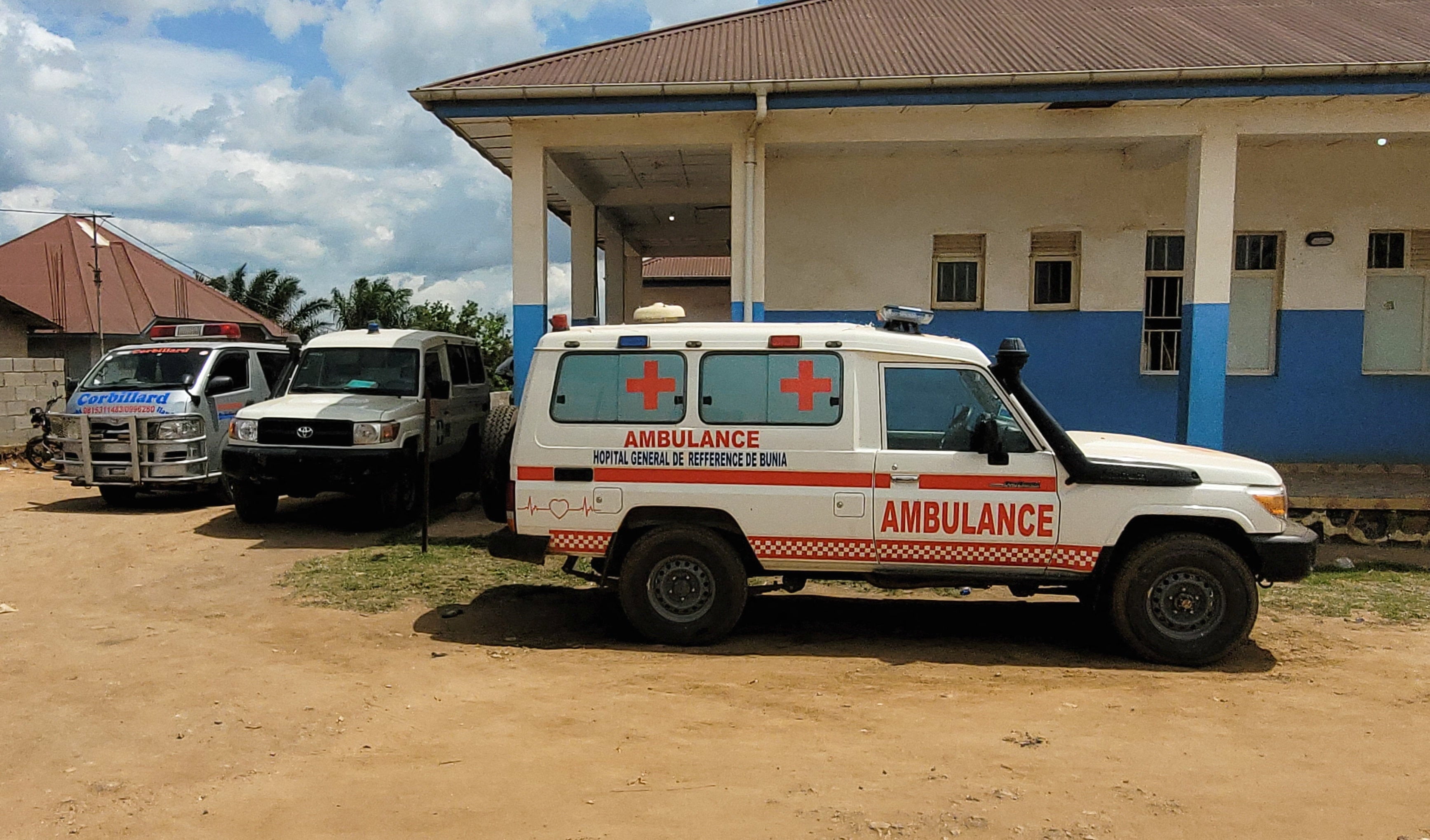 Ambulances parked at Bunia General Referral Hospital following confirmation of an Ebola outbreak involving the Bundibugyo strain in Bunia, Ituri province, Democratic Republic of Congo, 16 May 2026