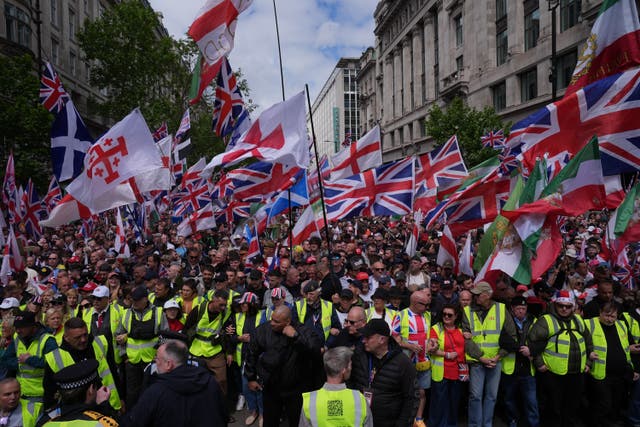 Around 60,000 people are estimated to have joined Tommy Robinson’s Unite the Kingdom march (Maja Smiejkowska/PA)