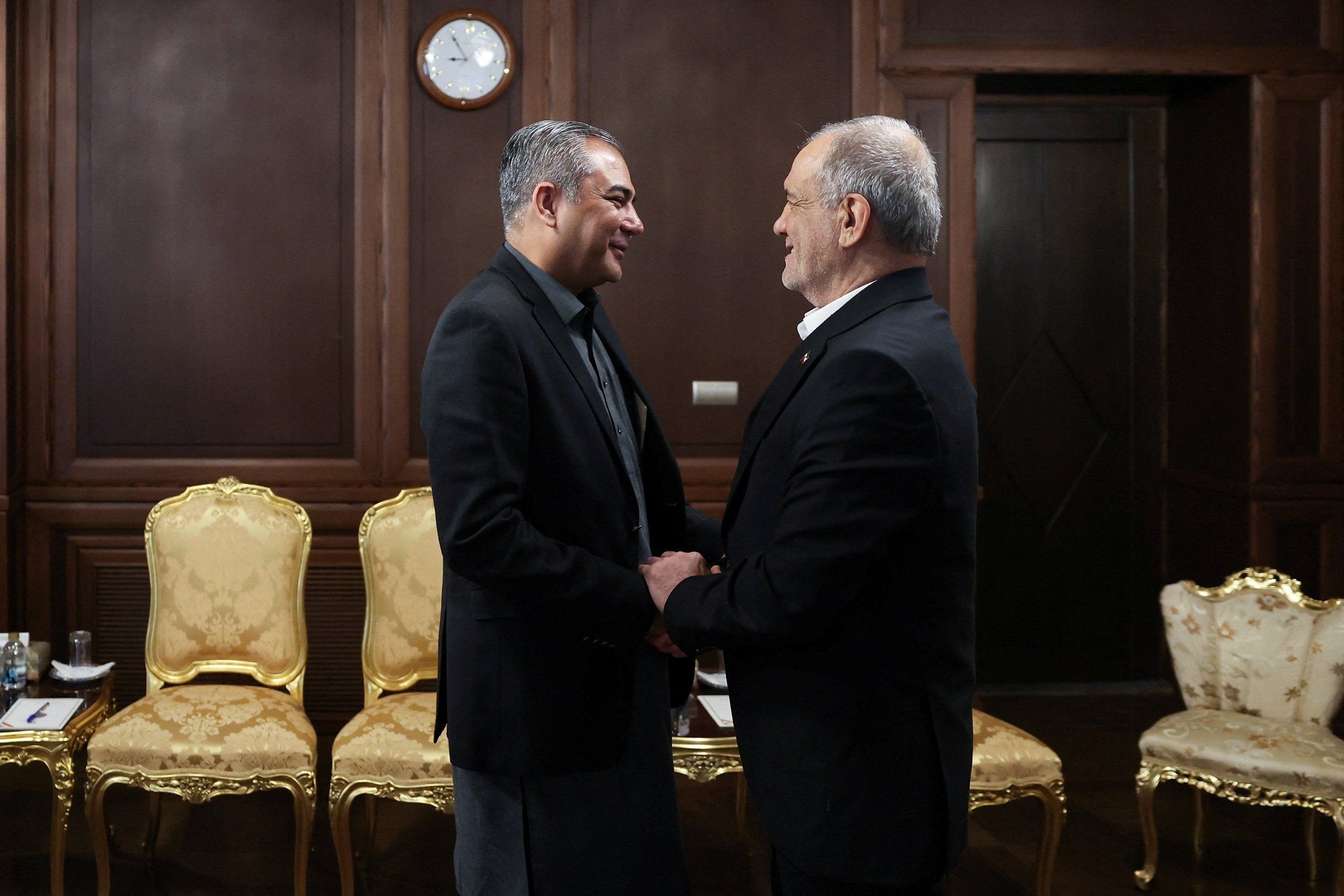 Iranian President Masoud Pezeshkian meets with Pakistan's Interior Minister Mohsin Naqvi, in Tehran on Sunday