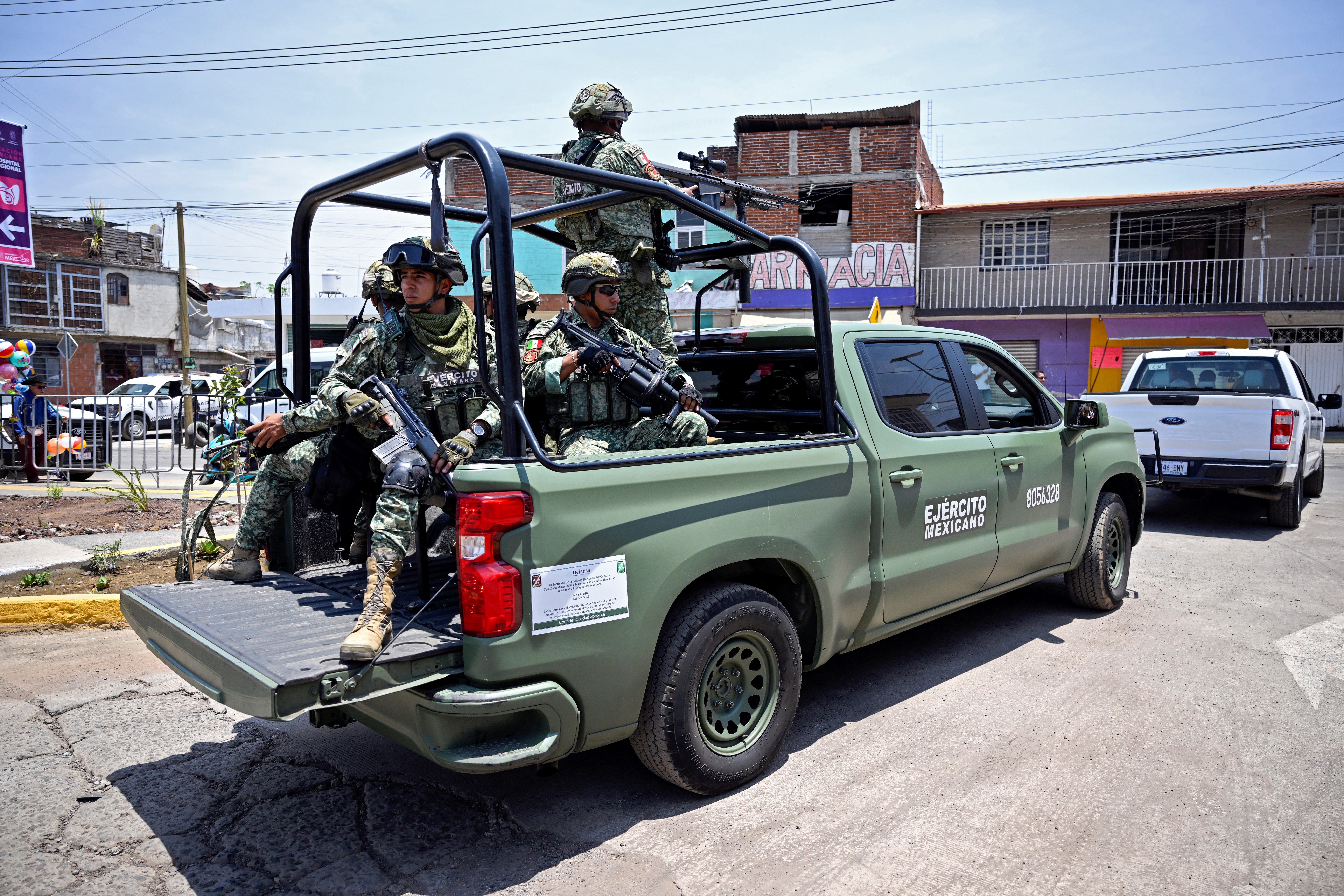Members of the Mexican military on patrol in the community of Uruapan in April 2026
