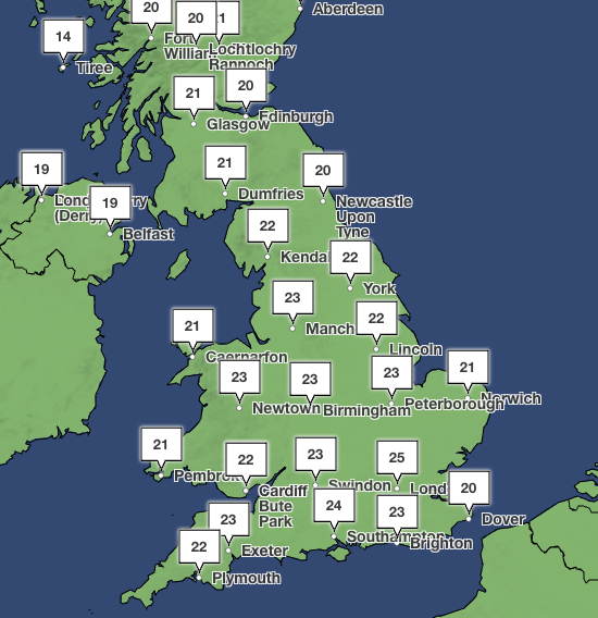 High temperatures of 25 degrees are expected in south-east England on Monday