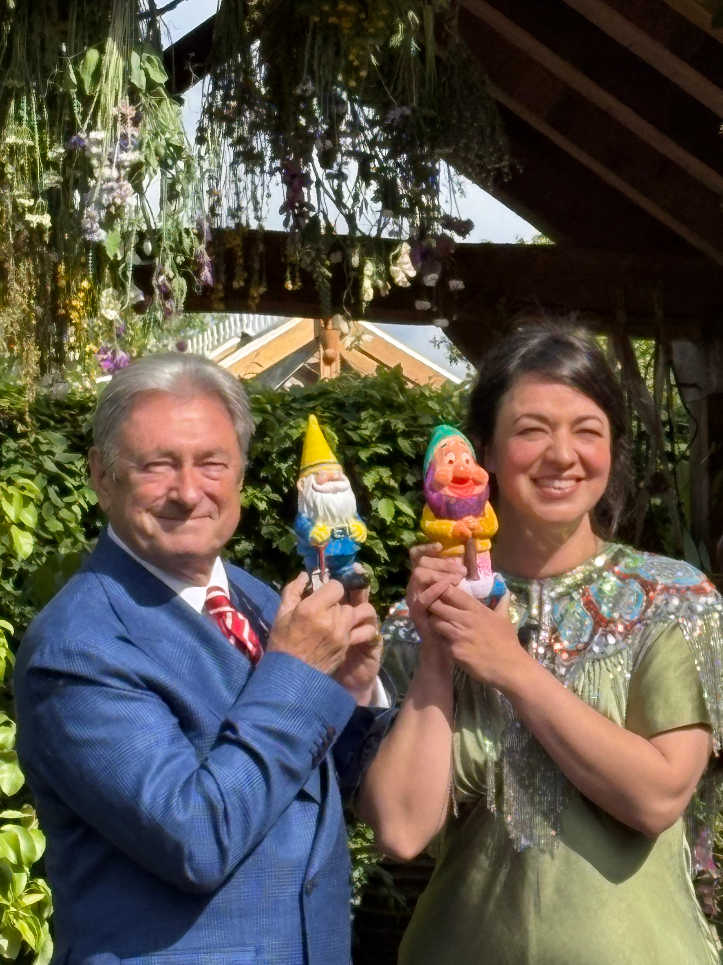 Alan Titchmarsh and designer Frances Tophill with their designs on gnomes for The RHS and The King’s Garden Foundation Curious Garden