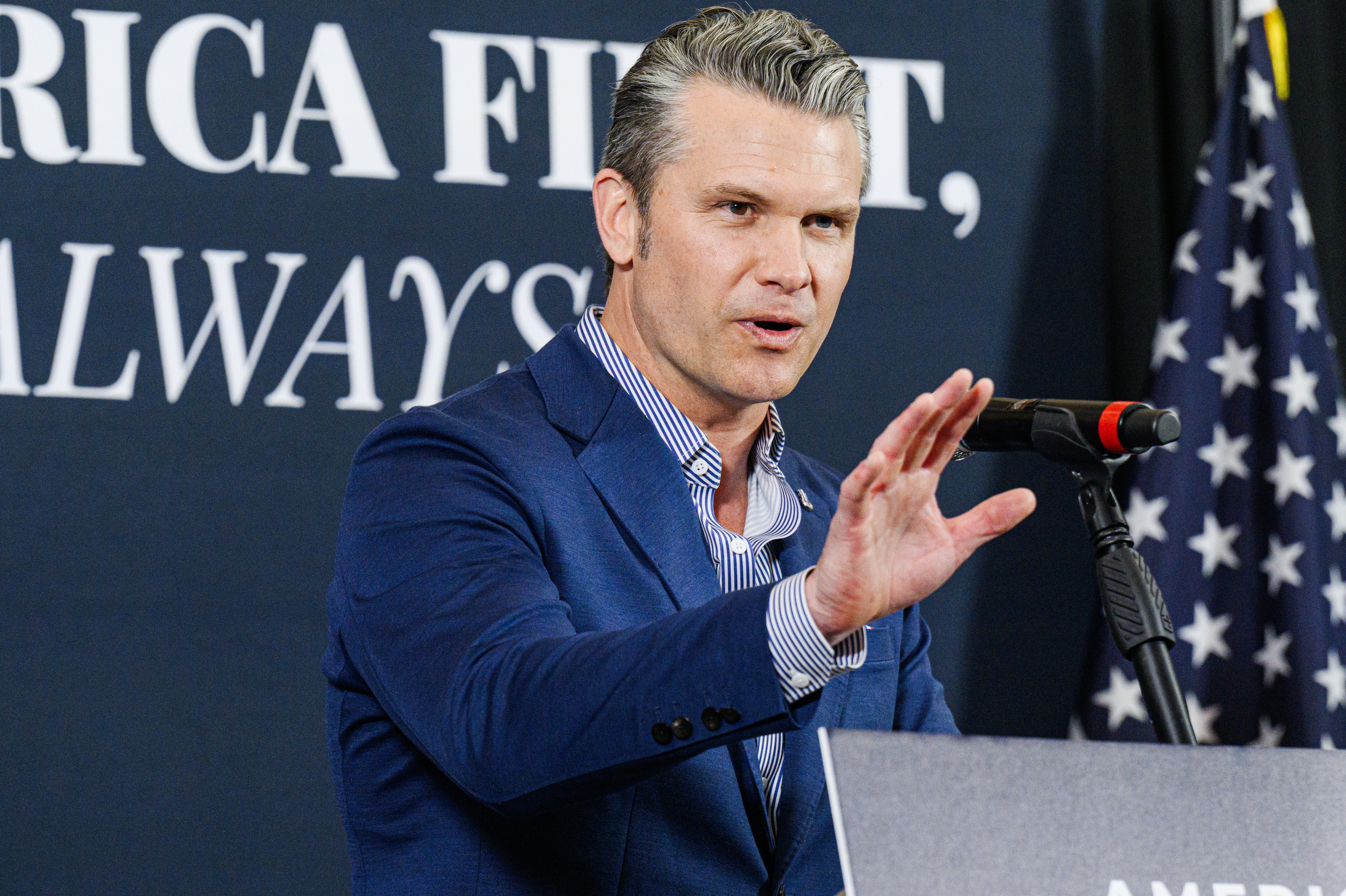 Hegseth gave a Donald Trump impression and spent most of his speech bashing policies under former president Joe Biden