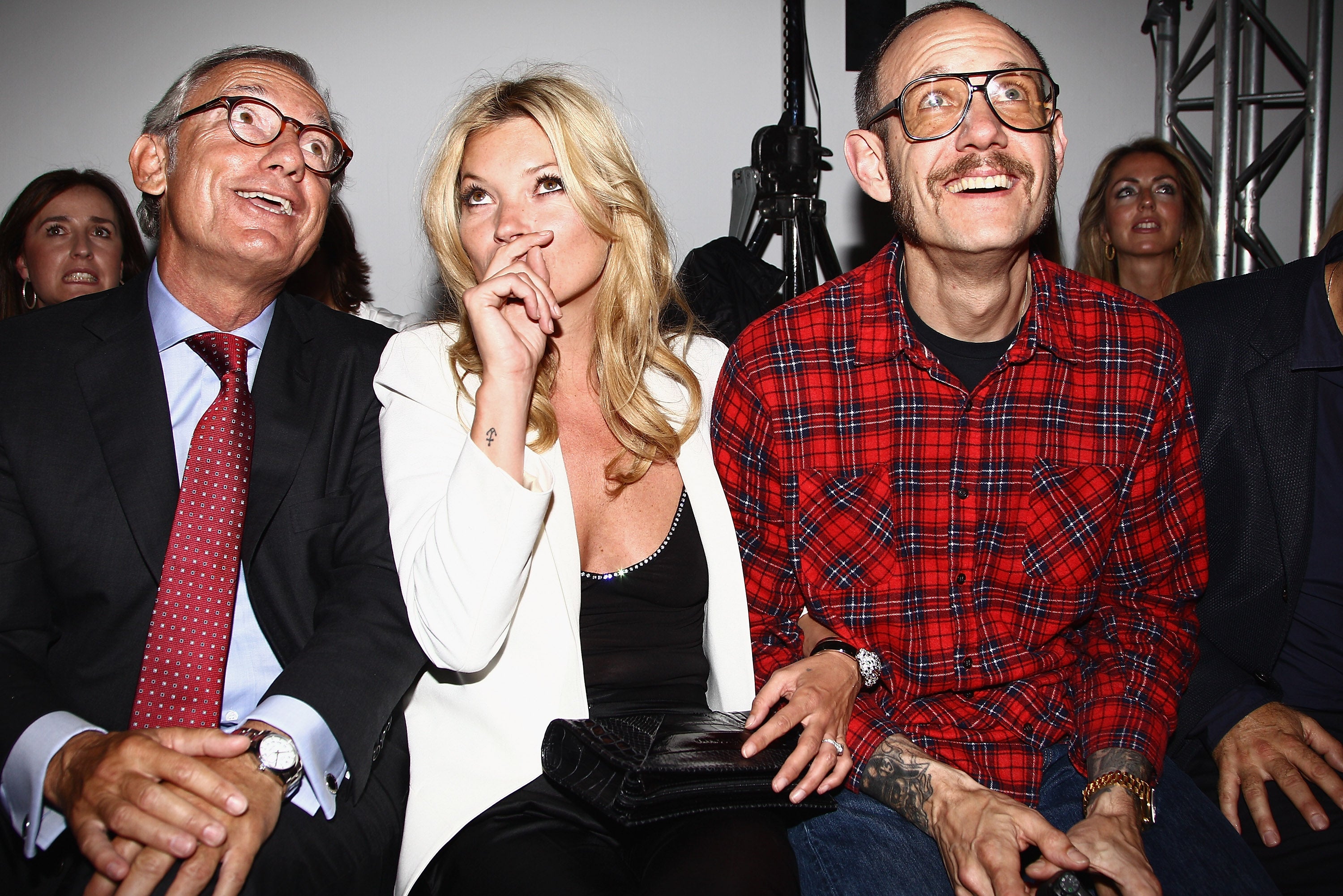 Isak Andic (left), Kate Moss and Terry Richardson at a Mango collection launch in Paris in 2011