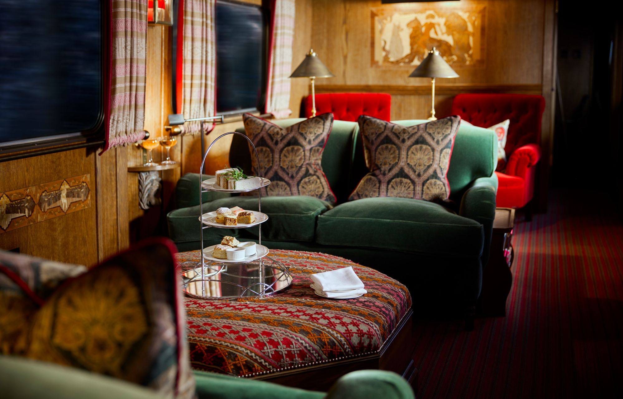 Each carriage has been restored with deep velvet upholstery
