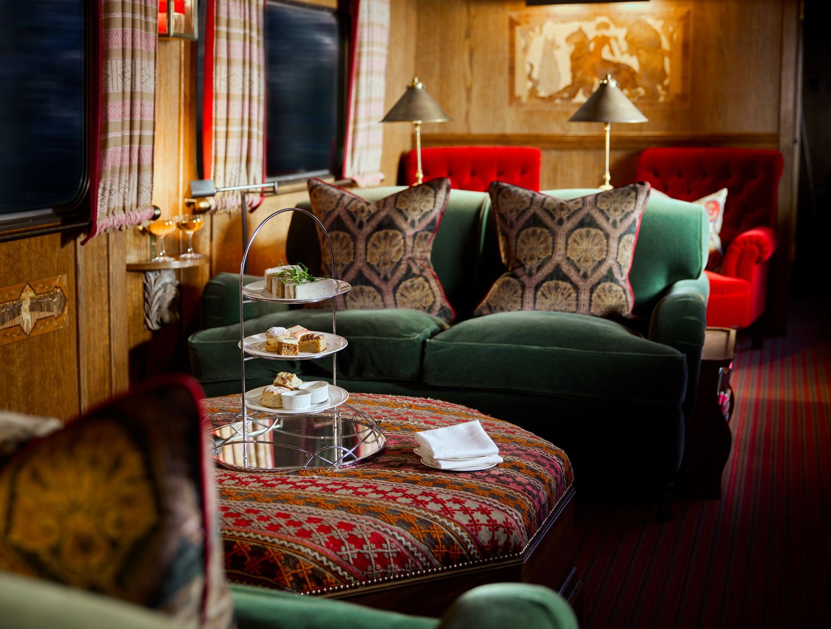 Each carriage has been restored with deep velvet upholstery (The Chairman's Train)