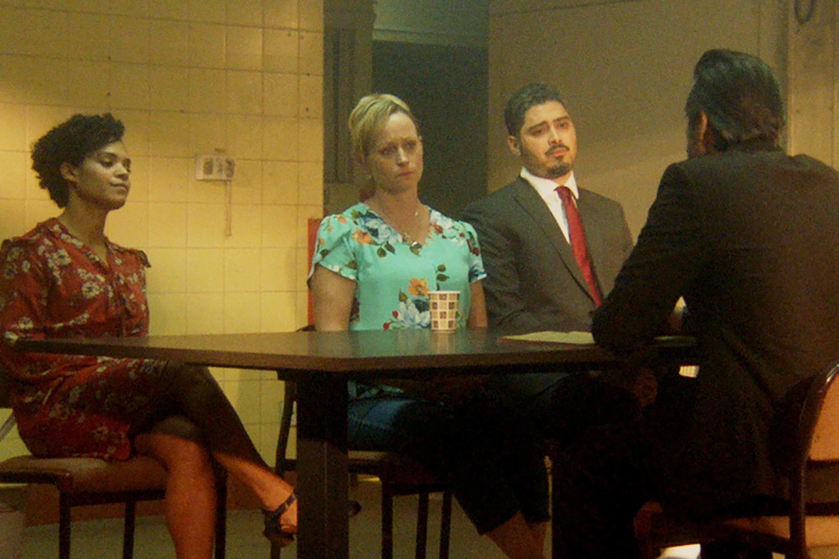 Bayston’s Kate McCann is interrogated alongside her lawyer (Carlos Agualusa) and a translator (Joana Borja) (Channel 5)