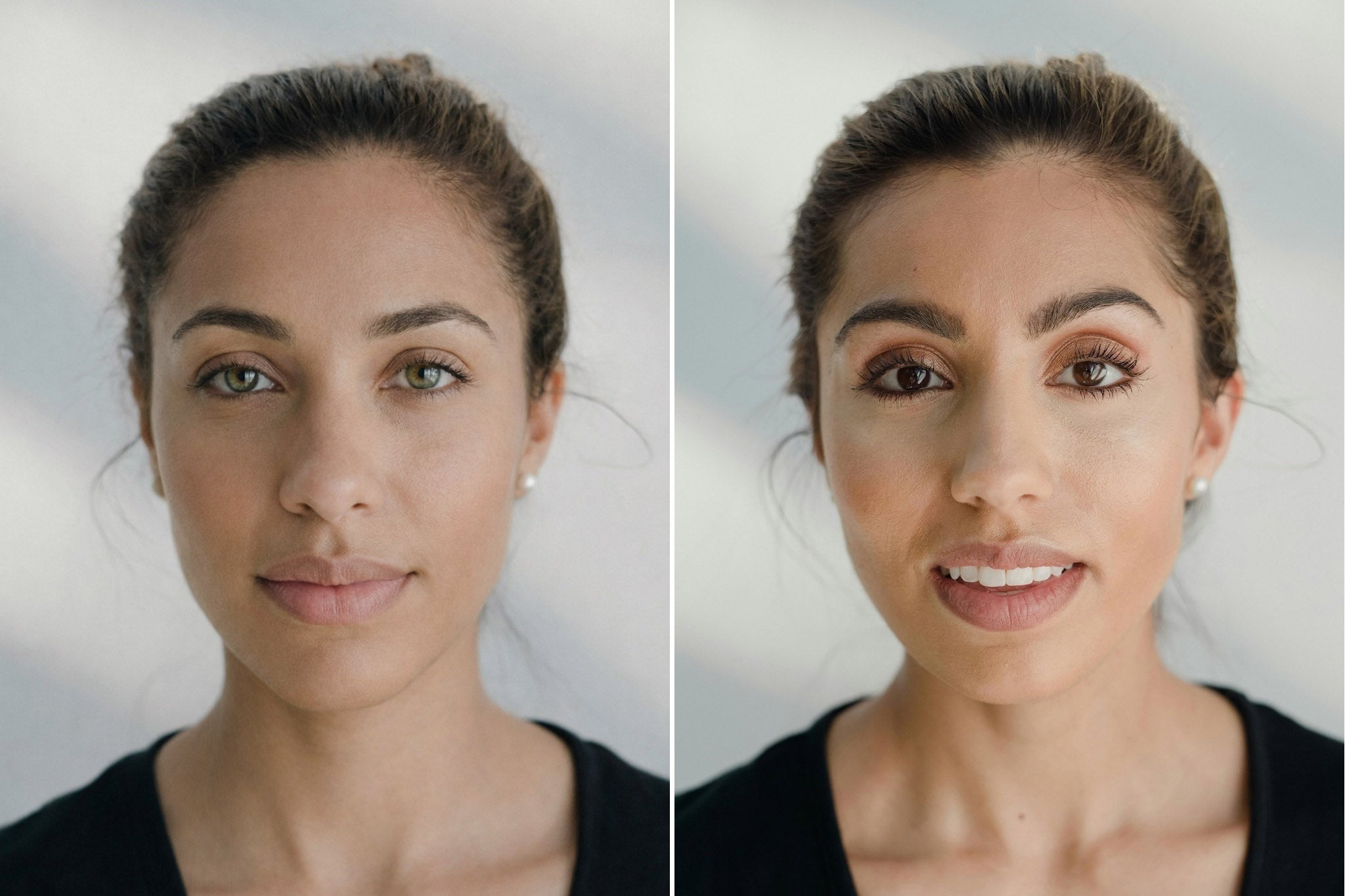 Respondents were shown face swaps, like this, where one photo (on the left) was synthetic and the other (on the right) was real (Supplied)