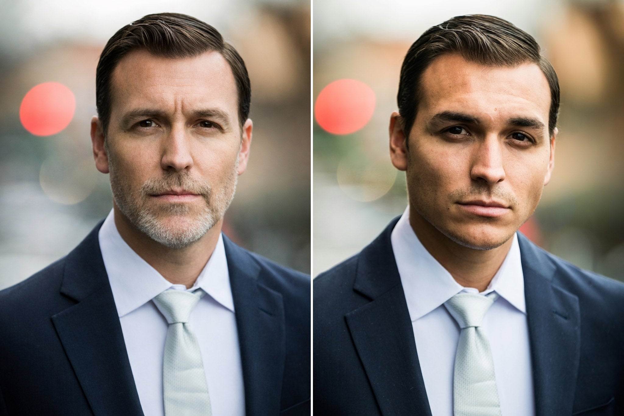This face swap was among those shared with respondents; the picture on the left is synthetic (Supplied)