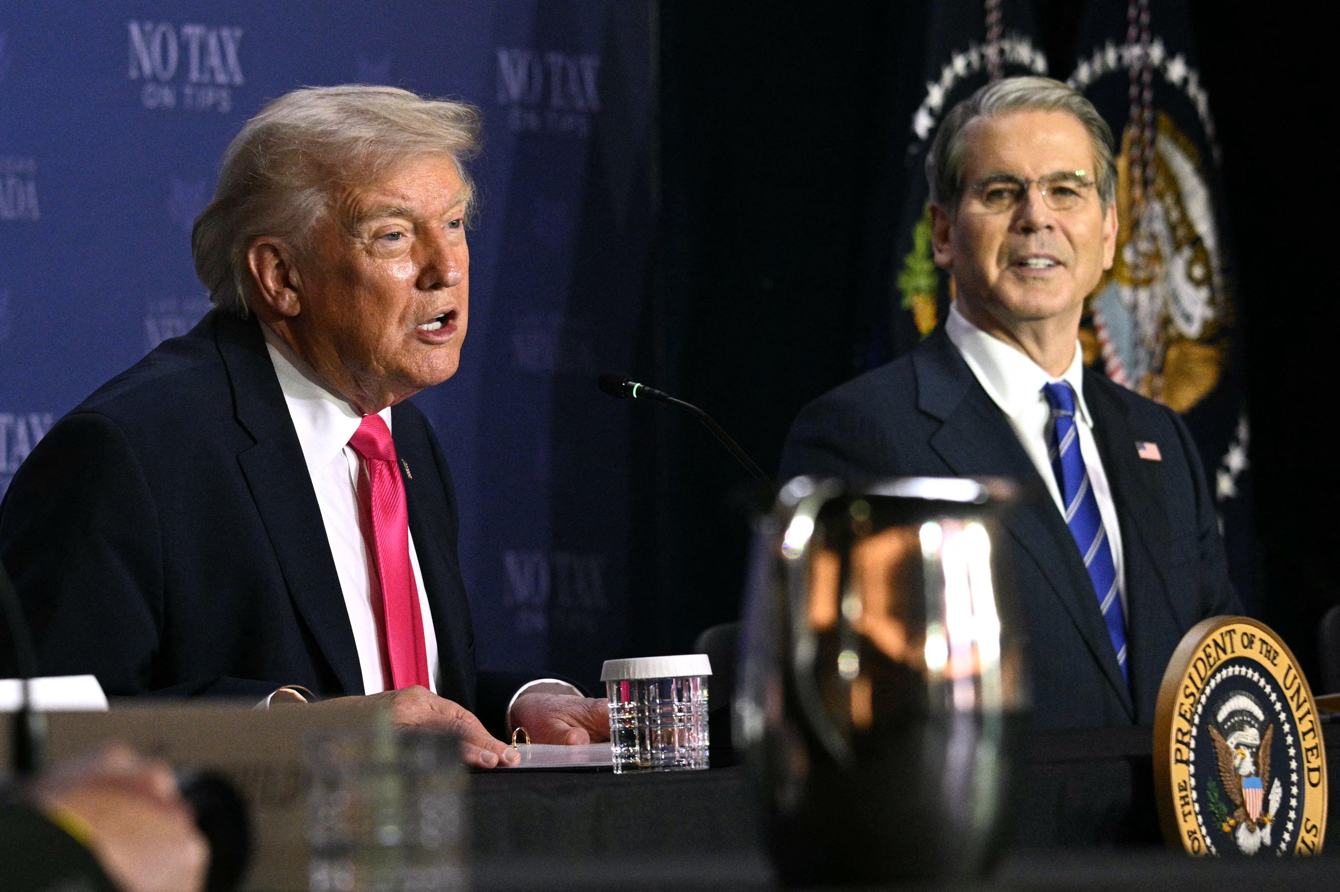 Trump pictured with his loyal Treasury Secretary Scott Bessent in April