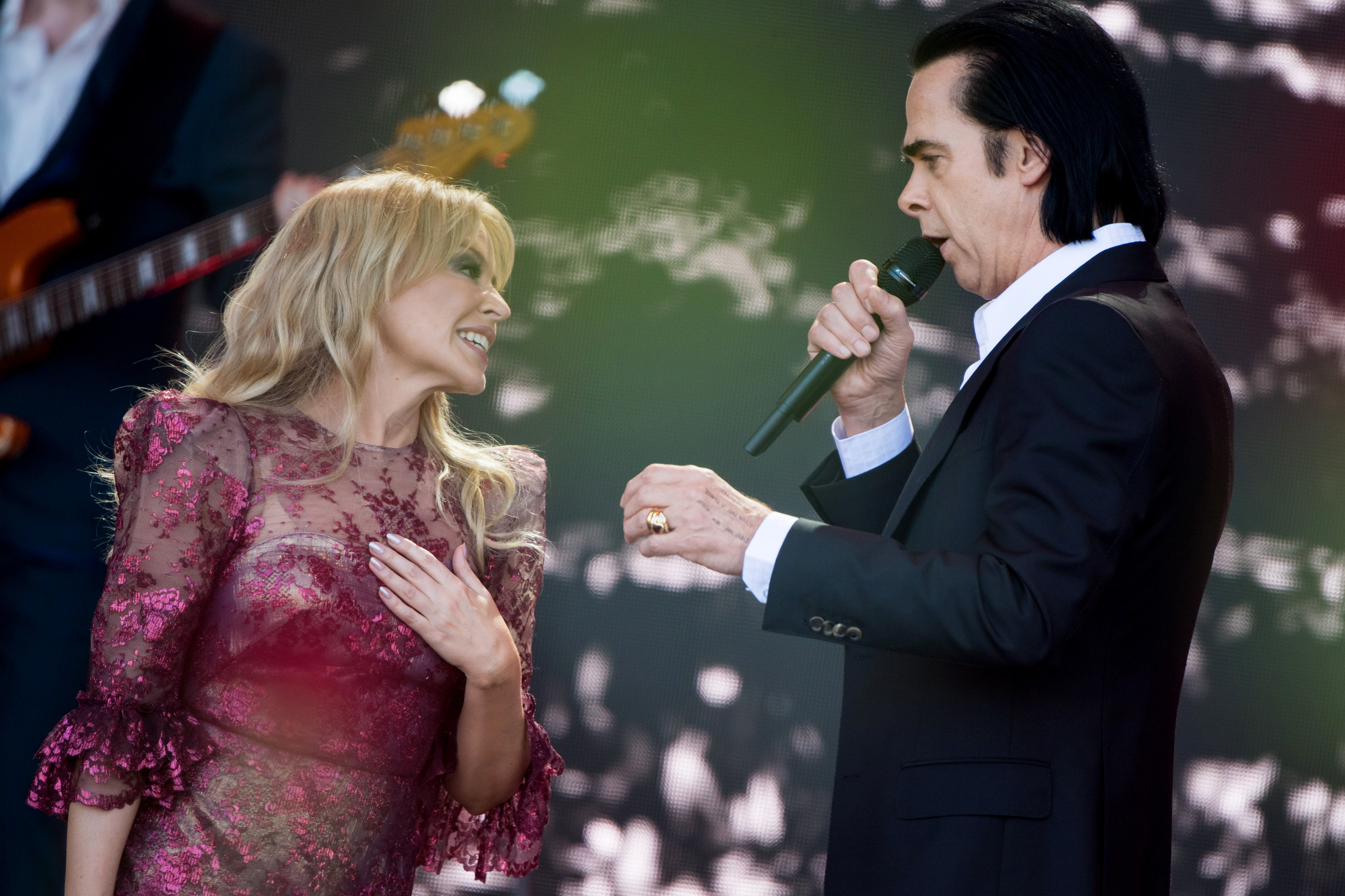 Minogue with Nick Cave during her performance at Glastonbury in 2019