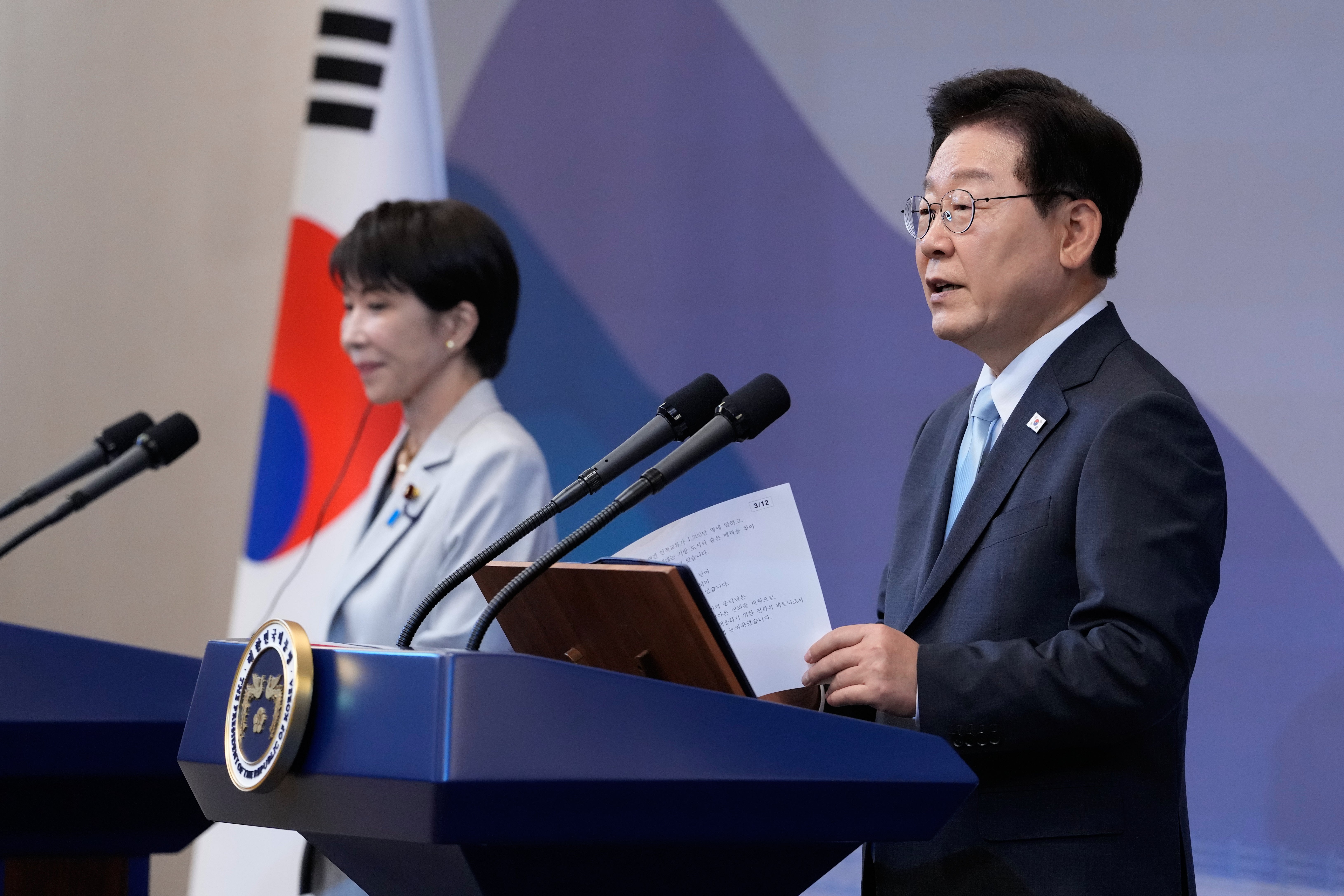 South Korean President Lee Jae Myung, right, speaks as Japanese Prime Minister Sanae Takaichi listens during their joint news conference in Andong, South Korea, Tuesday, May 19, 2026. (AP Photo/Ahn Young-joon, Pool)
