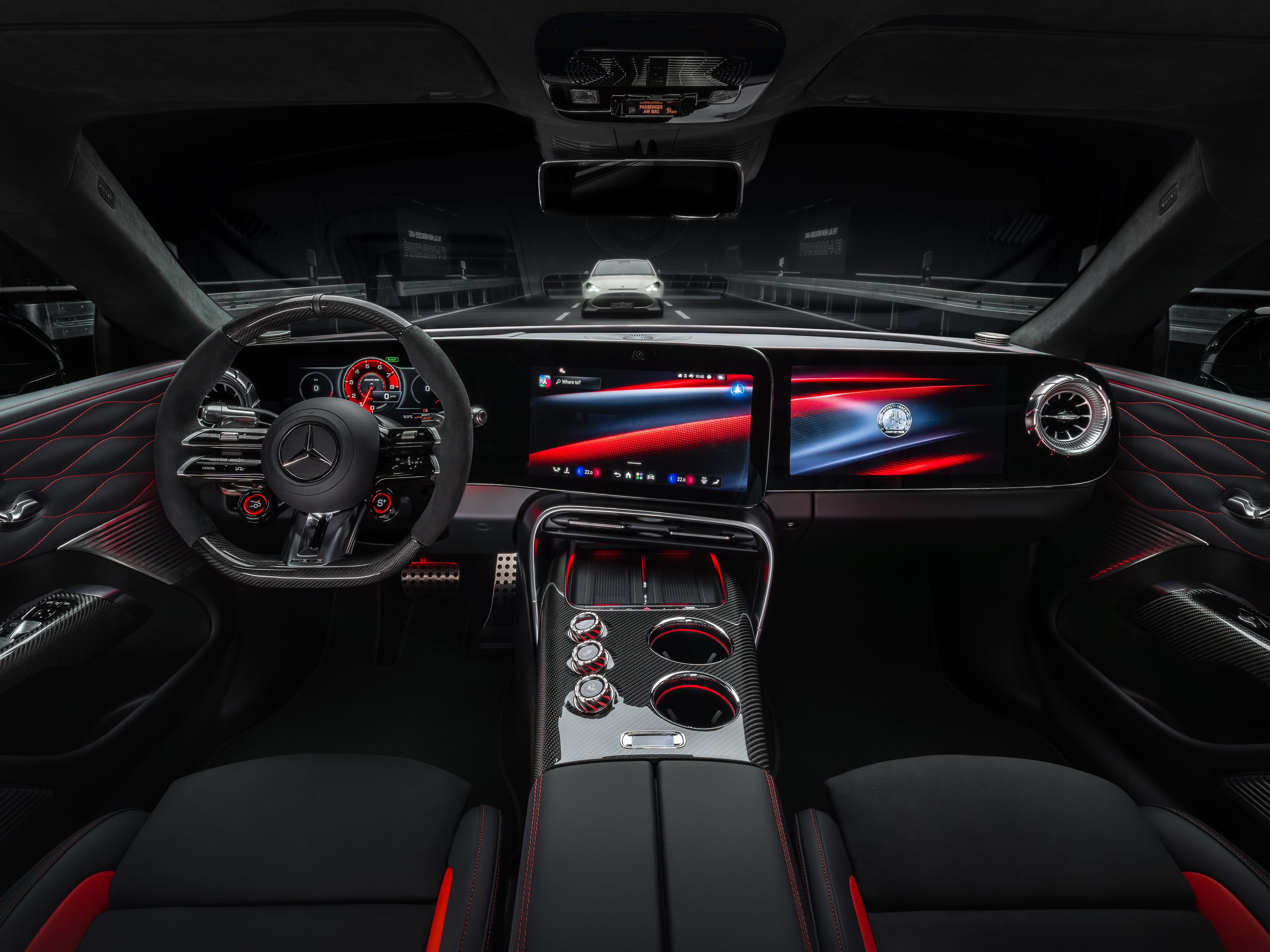 The interior of the new Mercedes-AMG GT features a triple screen layout and the latest MBUX operating system using ChatGPT, Microsoft Bing and Google Gemini (Mercedes-AMG)