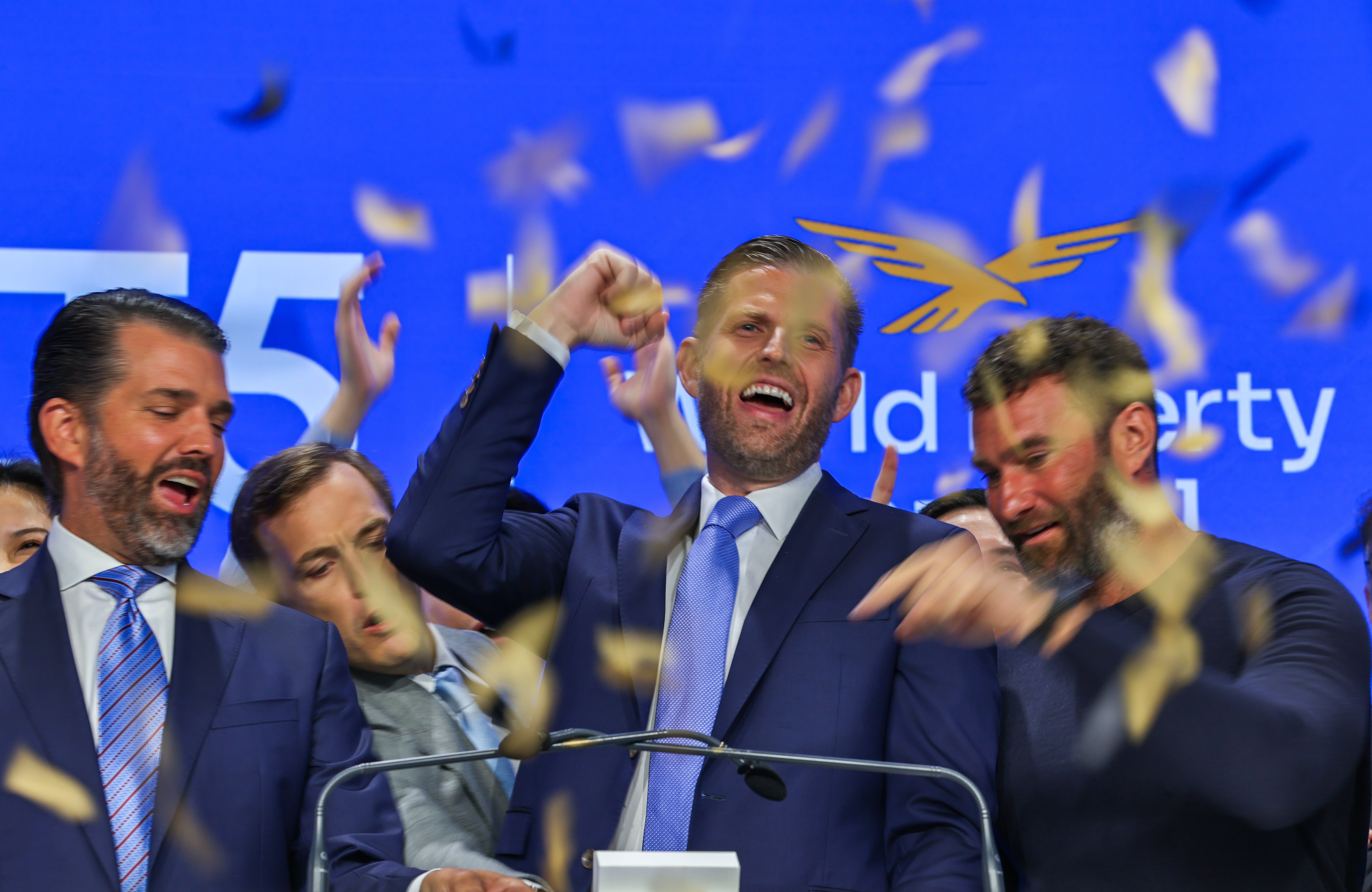 Eric Trump and Donald Trump Jr. celebrate a $1.5 billion cryptocurrency deal after ringing the NASDAQ opening bell on August 13, 2025,