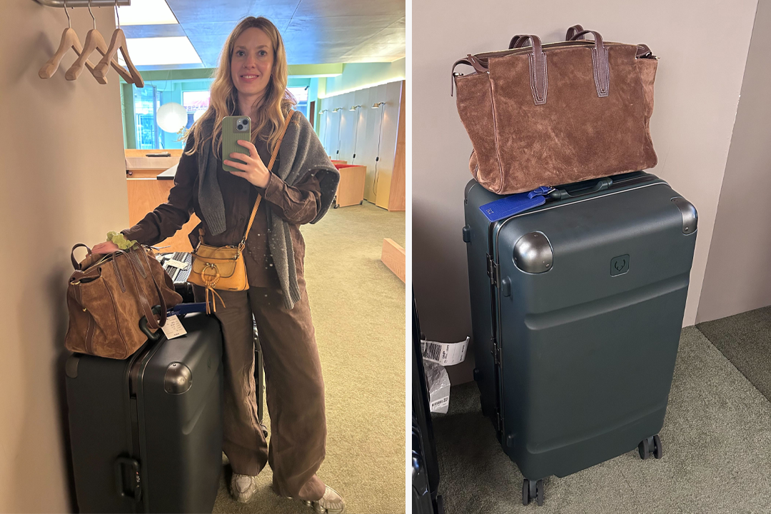 Arriving in Seoul with the Antler case, wearing a long-haul flight co-ord from With Nothing Underneath (Hayley Spencer/The Independent)