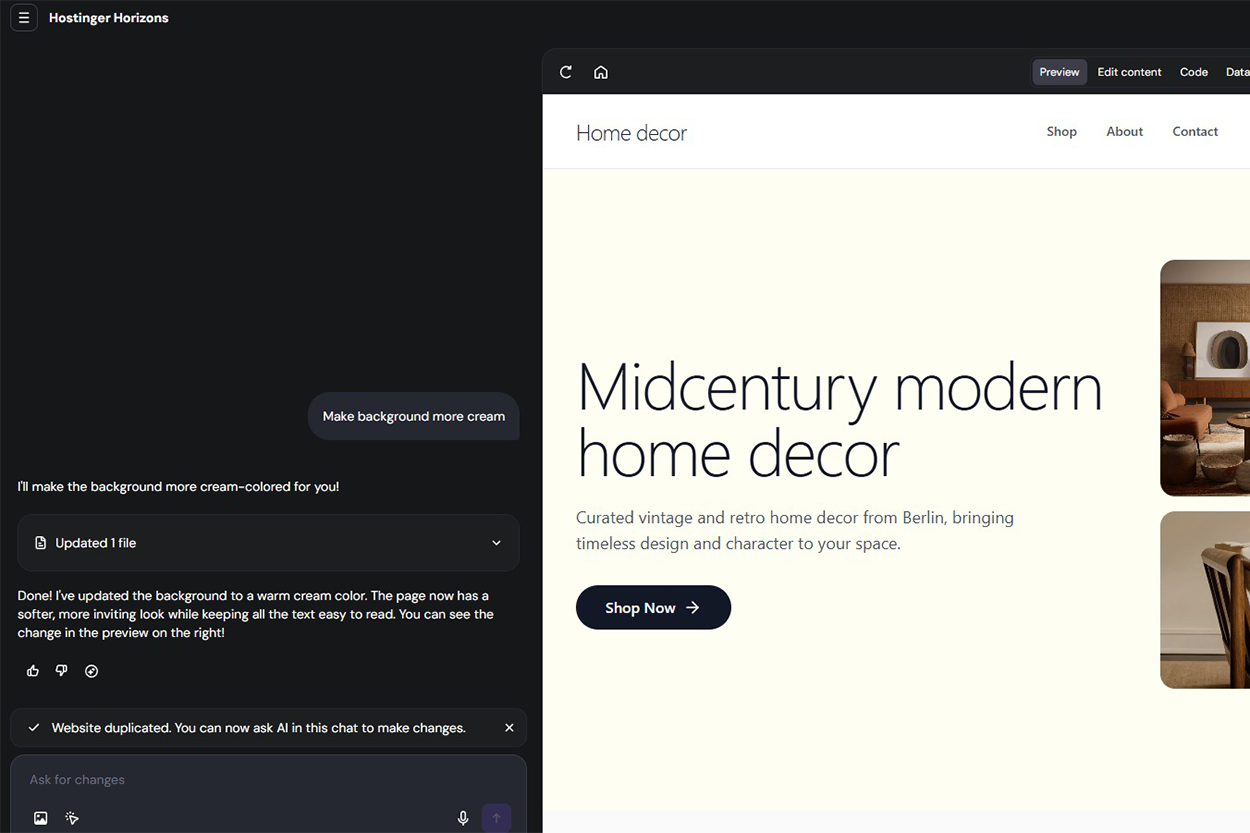 The Hostinger Horizons AI-focused website builder impressed me