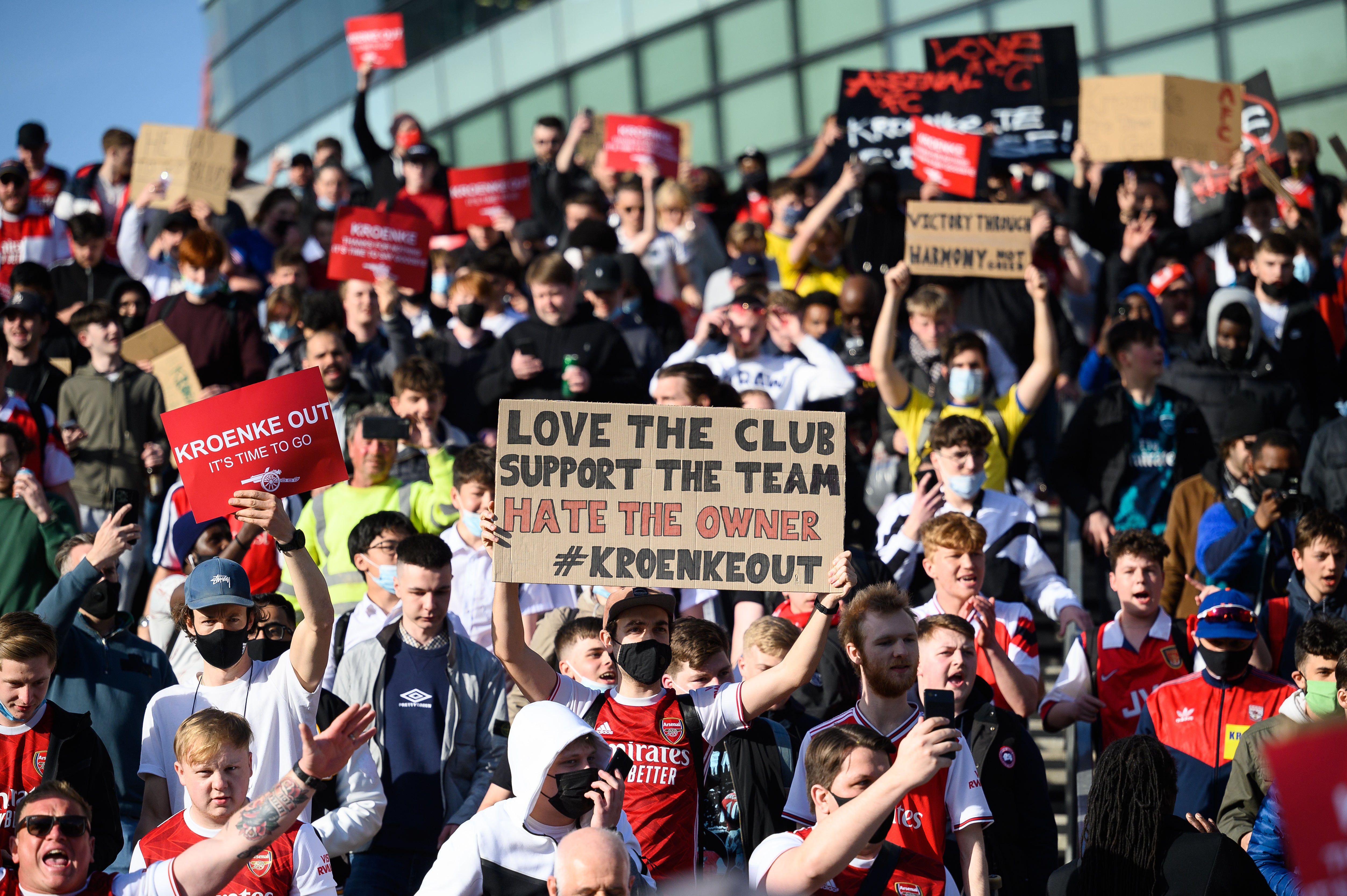 Kroenke has repeatedly faced protests from Arsenal fans who are seen here chanting and holding placards outside Emirates Stadium in London, England, on April 23, 2021