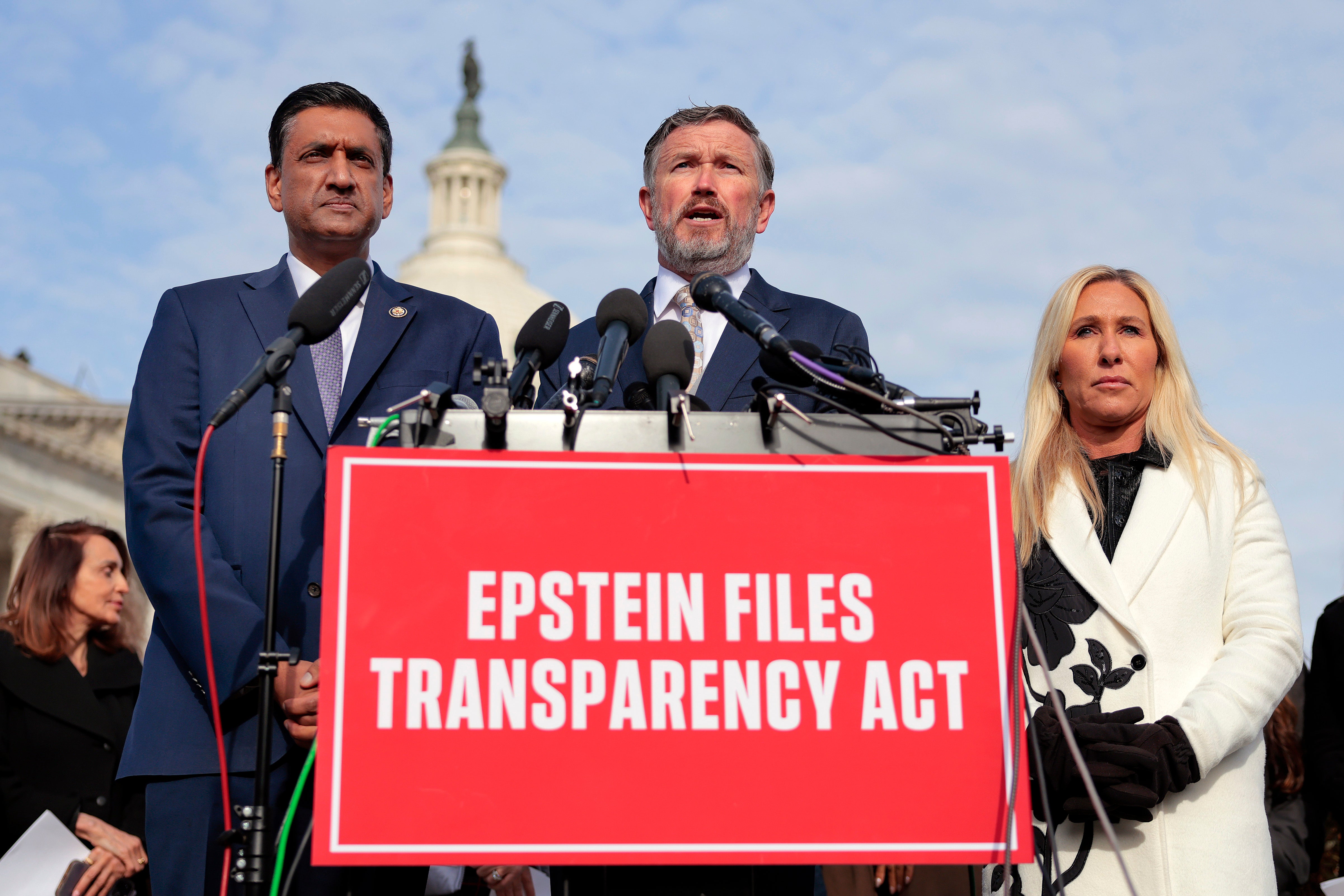 Massie with former colleague Marjorie Taylor Greene and California Democratic Rep. Ro Khanna campaigning last year for the release of the Epstein files, which is likely to be remembered as his defining achievement on Capitol Hill (Getty)