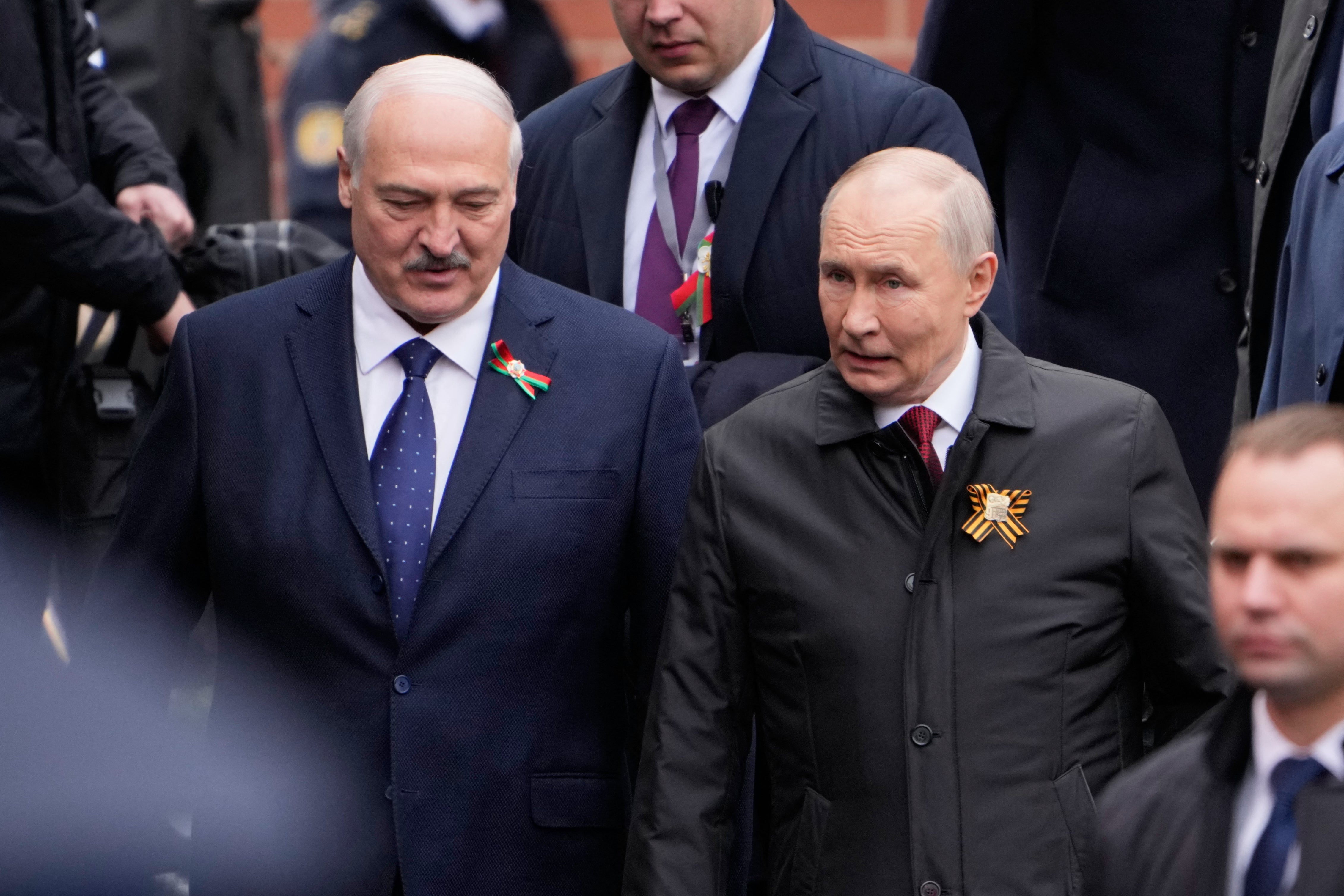 Russian president Vladimir Putin and Belarusian president Alexander Lukashenko attend the Victory Day military parade at Red Square in central Moscow (AFP/Getty)