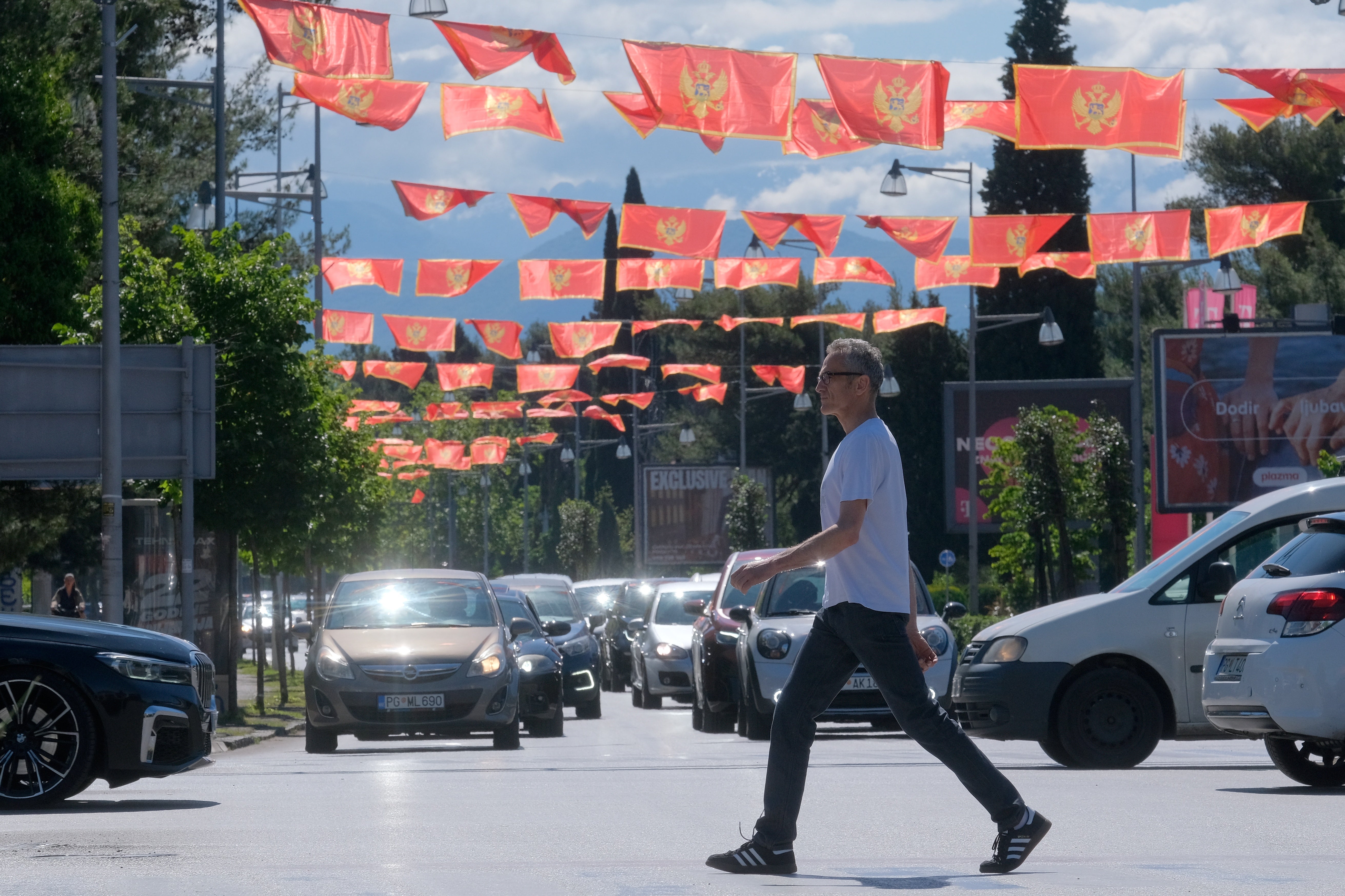 A street decorated with national flags in Montenegro's capital Podgorica. (Copyright 2026 The Associated Press. All rights reserved)