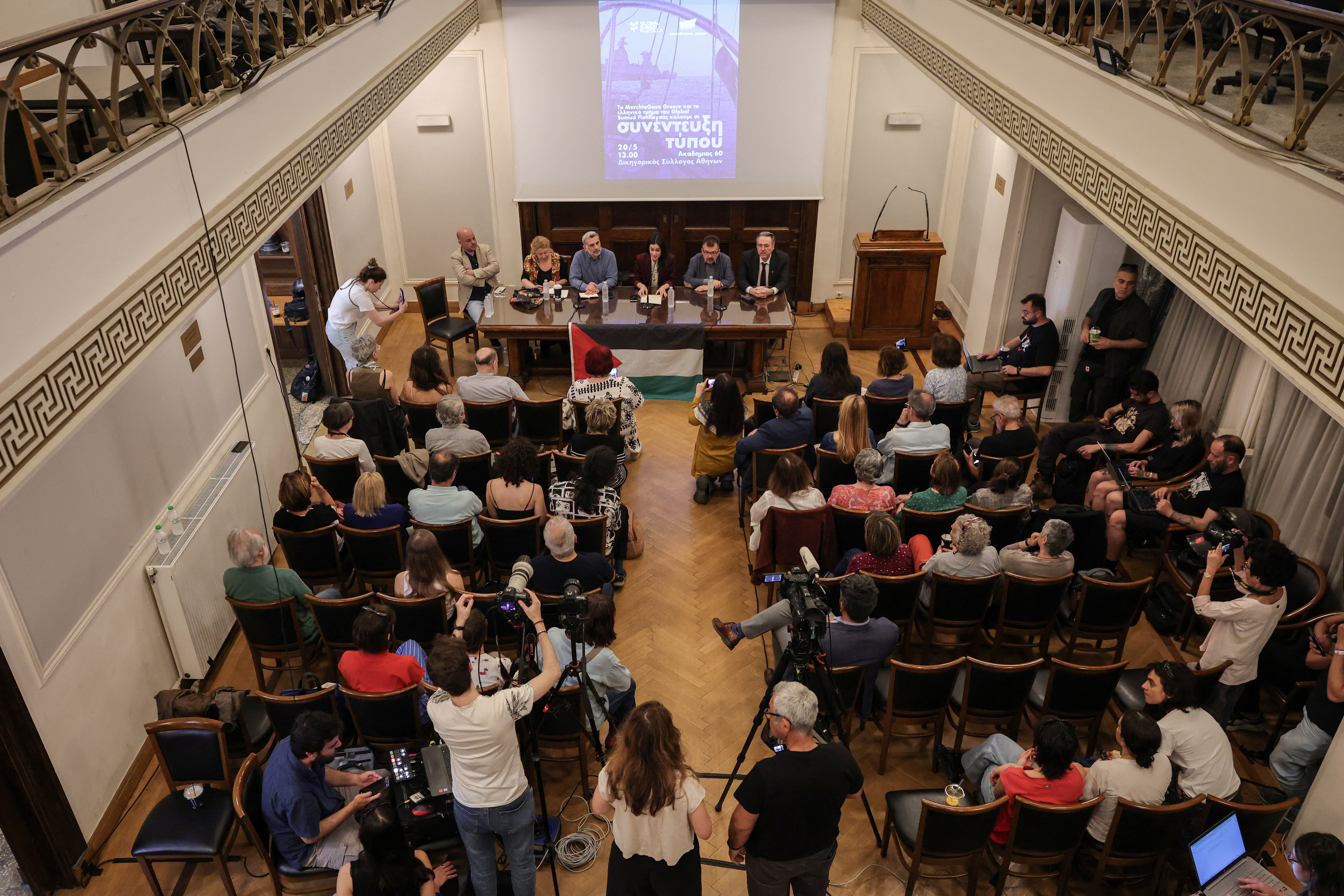 Greek organisers of the Gaza Sumud Flotilla at a news conference in Athens on20 May 2026