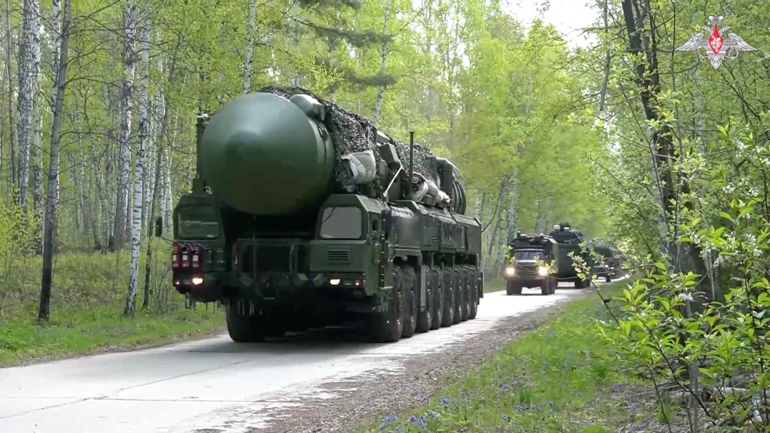 Russia's mobile strategic missile system unit drives during a nuclear forces exercise at an unidentified location in Russia (Reuters)