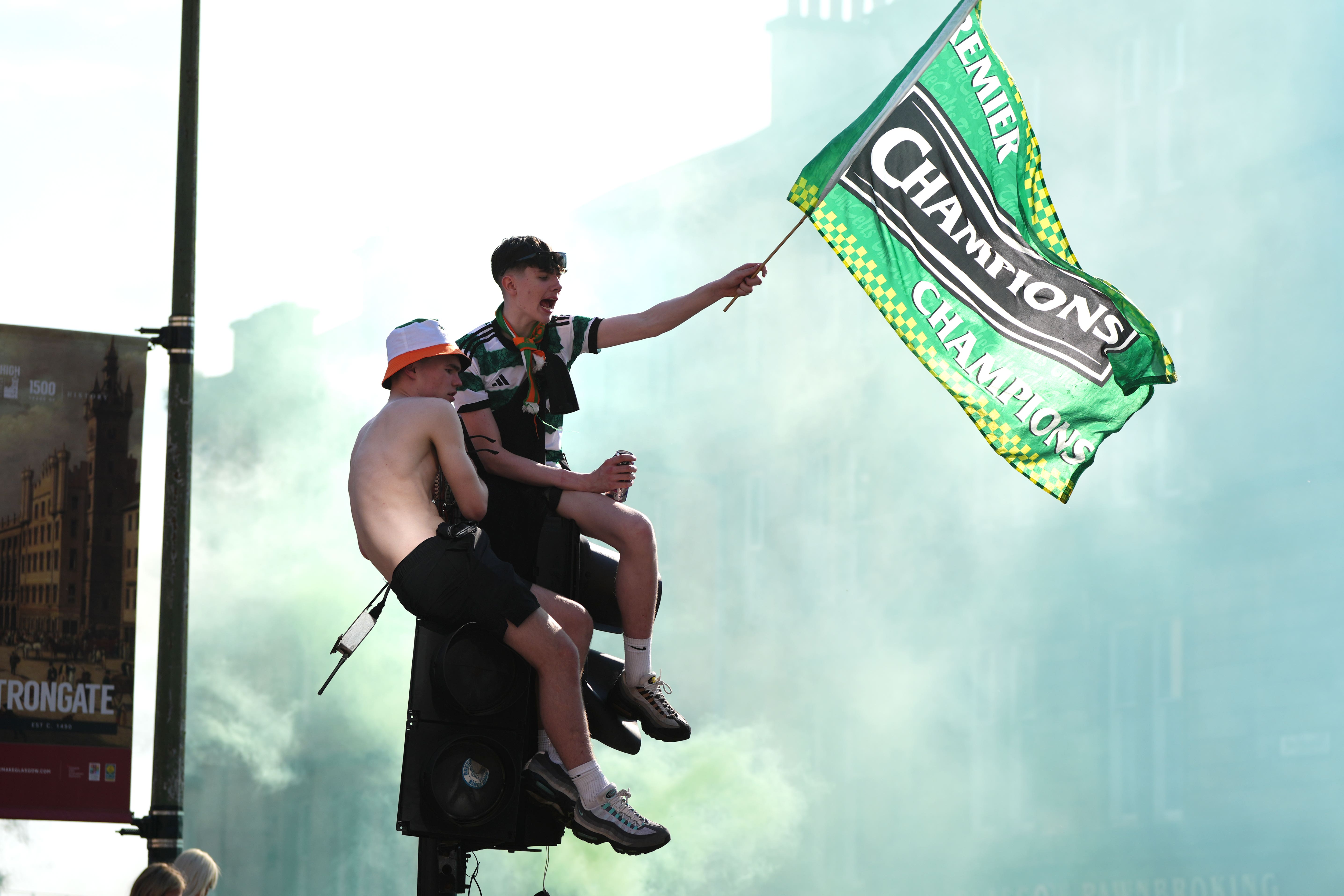 Police investigating the disorder that marred Celtic’s Premiership title win have released images of 56 people they are looking to trace