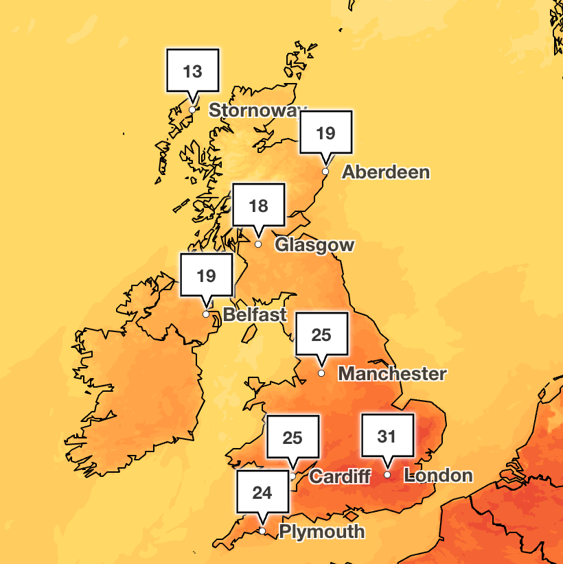 Temperatures will reach 31 degrees on Sunday