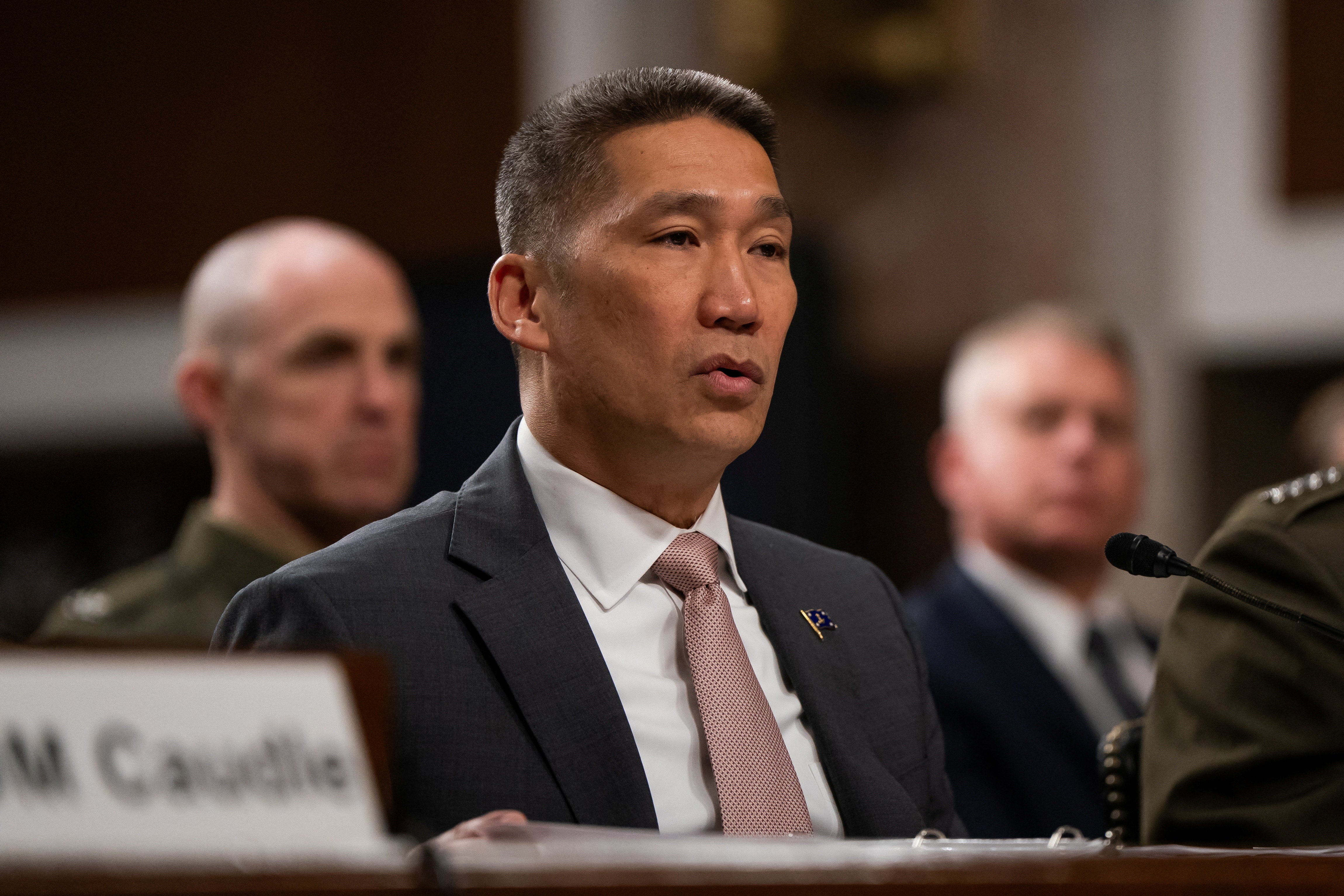 Acting Secretary of the Navy Hung Cao was confronted with the concerns of loved ones at an emotional town hall meeting in San Diego last week (Reuters)