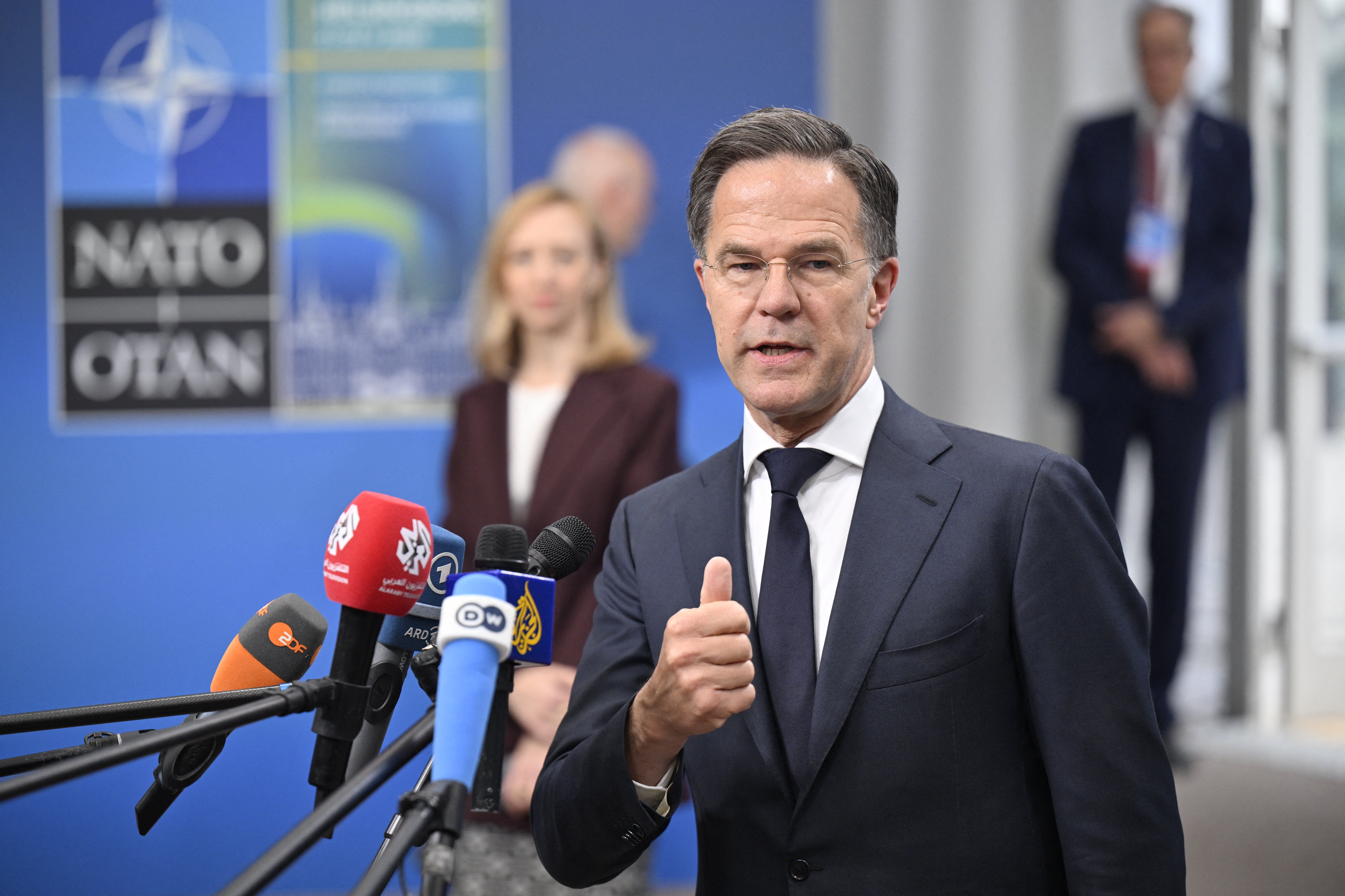 NATO Secretary General Mark Rutte answers journalists' questions as he arrives at the NATO Foreign Ministers' meeting at Sea U in Helsingborg (AFP/Getty)