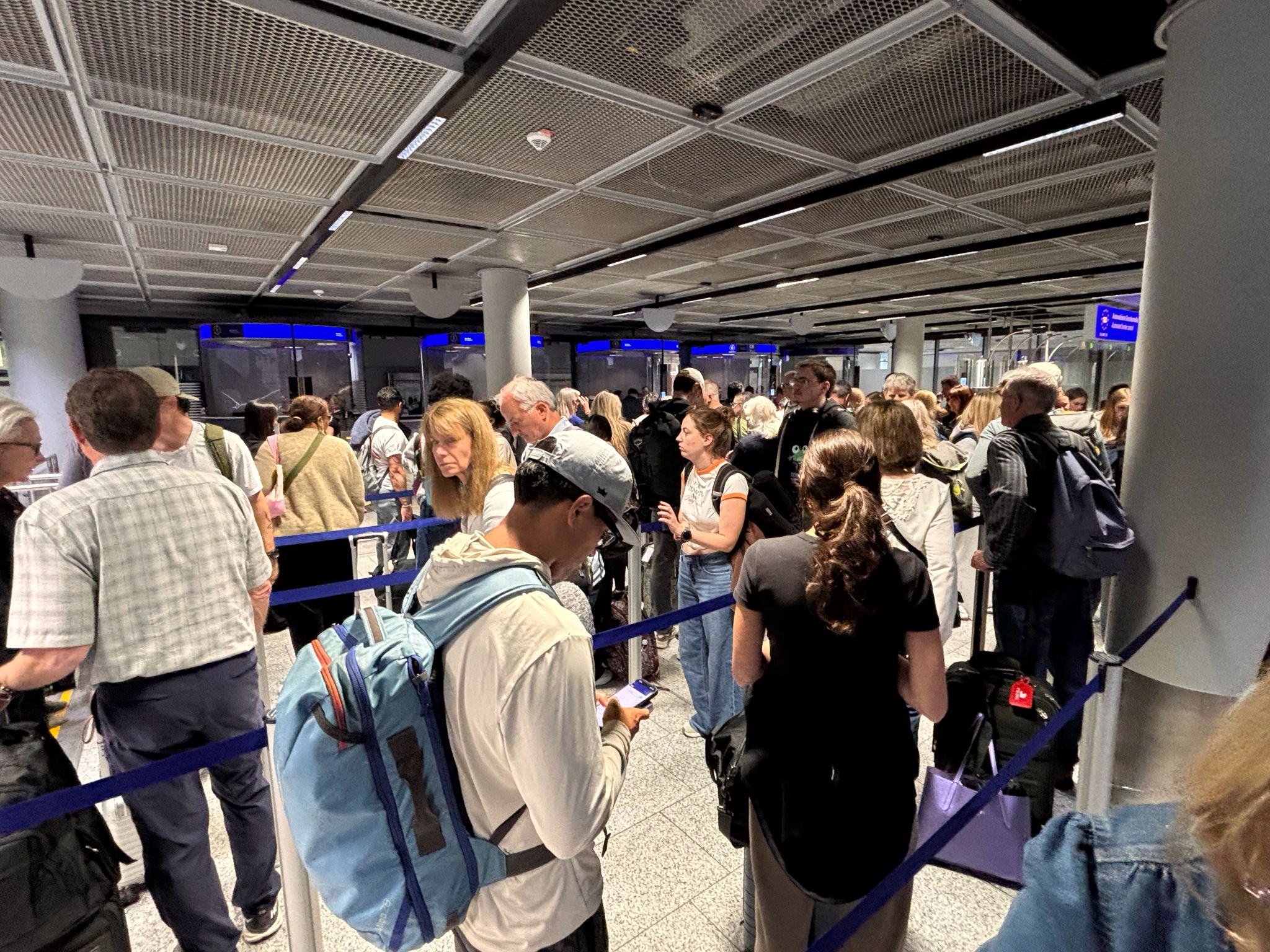 Waiting game: Passengers queuing for EU entry-exit system at Frankfurt airport on Friday 22 May
