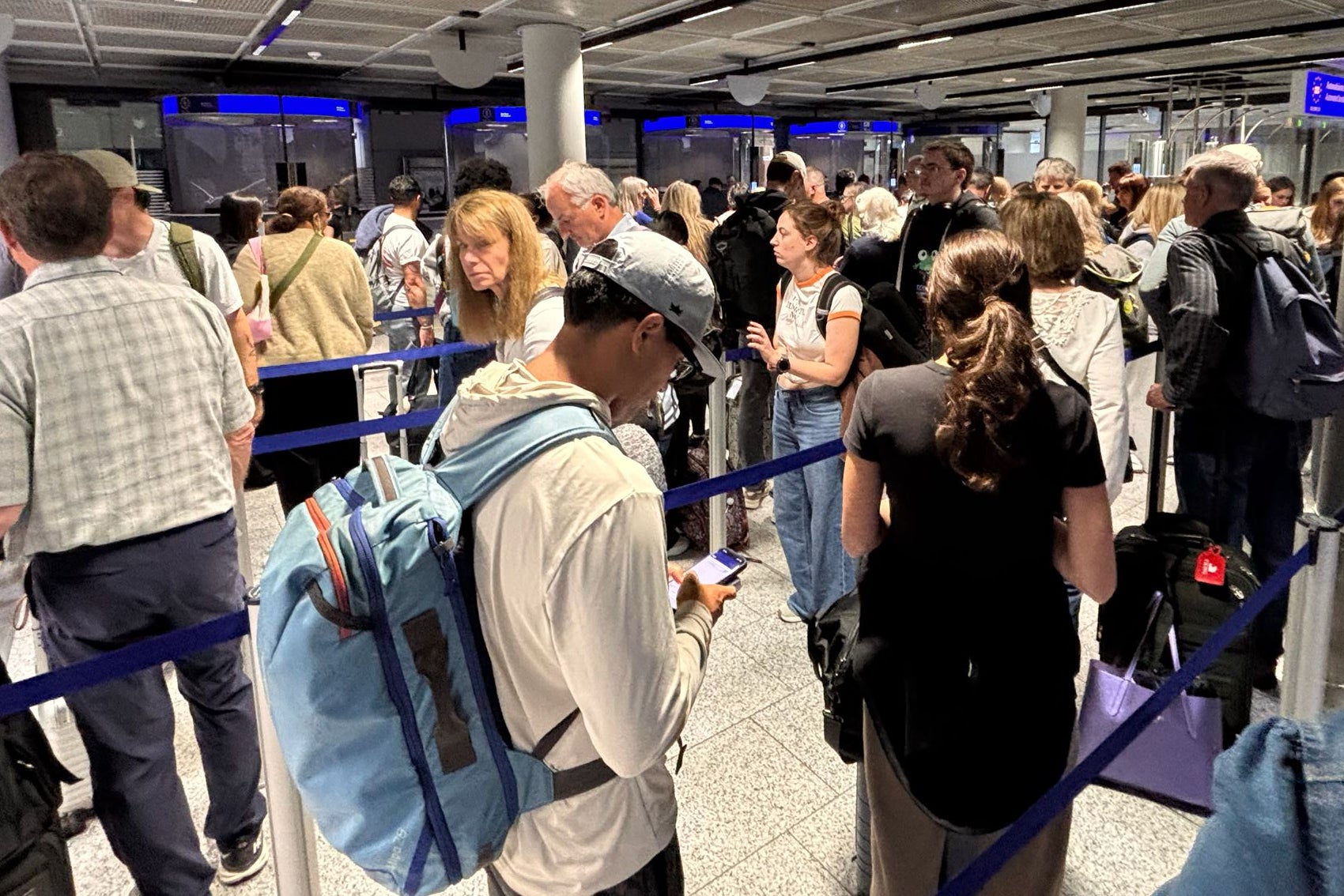 Waiting game: Passengers queuing for EU entry-exit system at Frankfurt airport on Friday 22 May (John Rockel)