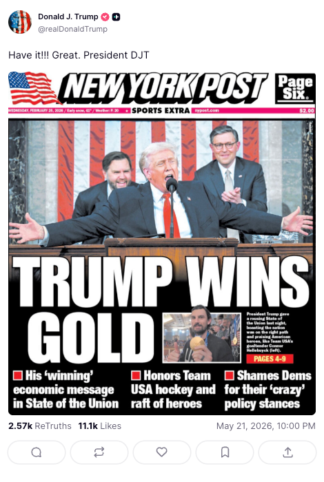 It was unclear what prompted President Donald Trump to post the New York Post front page that celebrated his State of the Union address three months ago