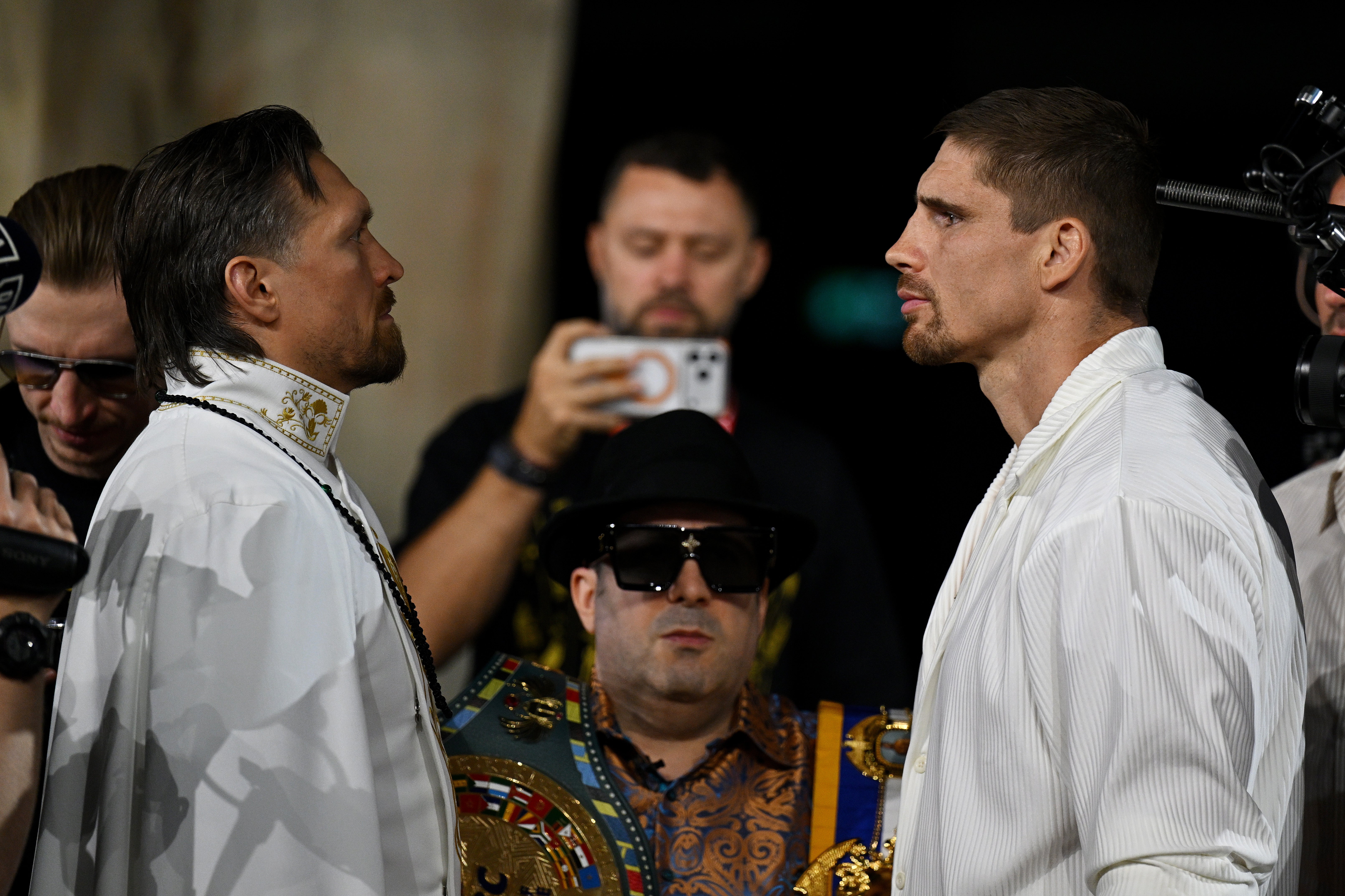 Usyk facing off with Rico Verhoeven in Egypt this week (Getty)