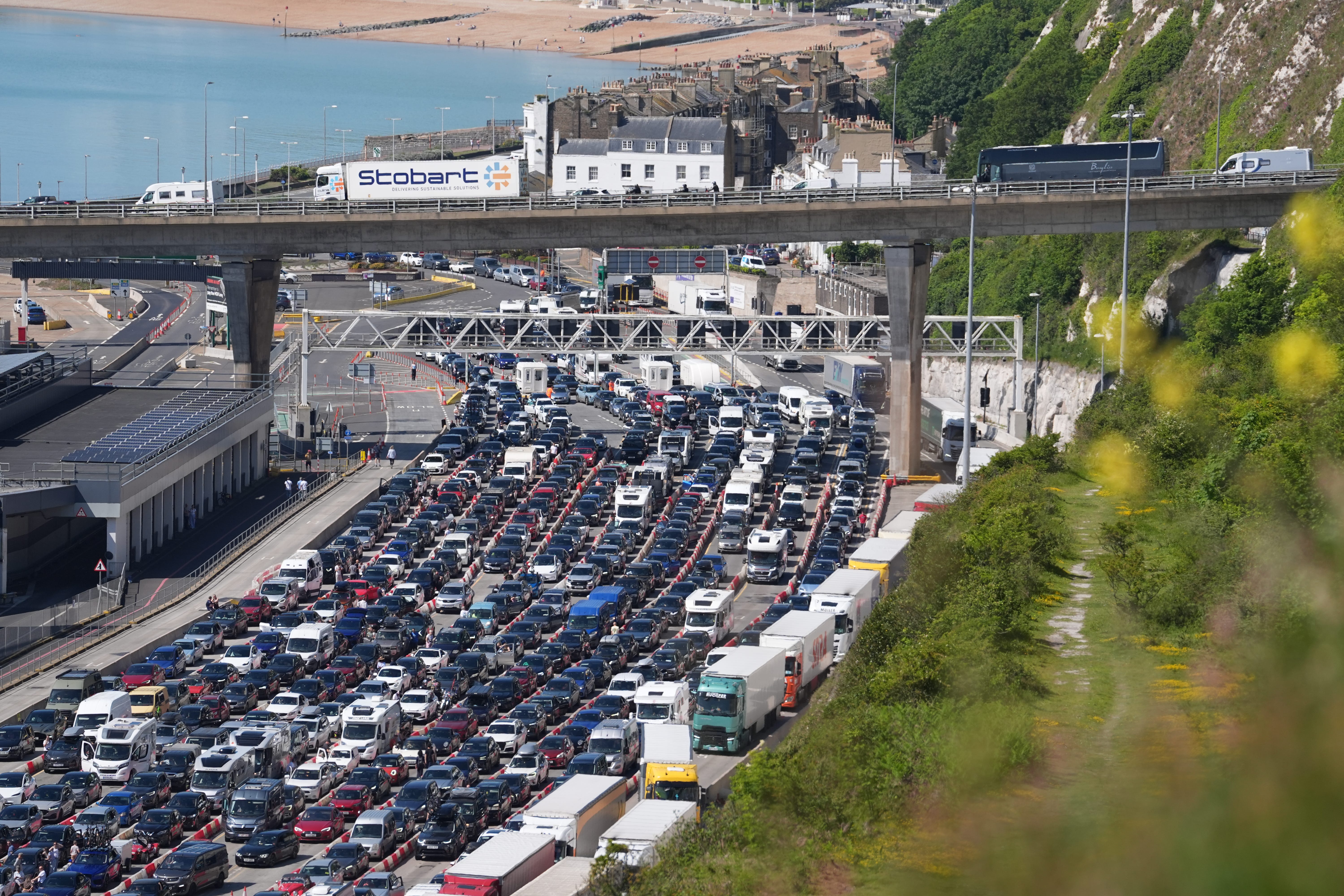 Traffic queuing for the Port of Dover in Kent as roads to popular tourist destinations are expected to become congested during the bank holiday getaway (Gareth Fuller/PA)