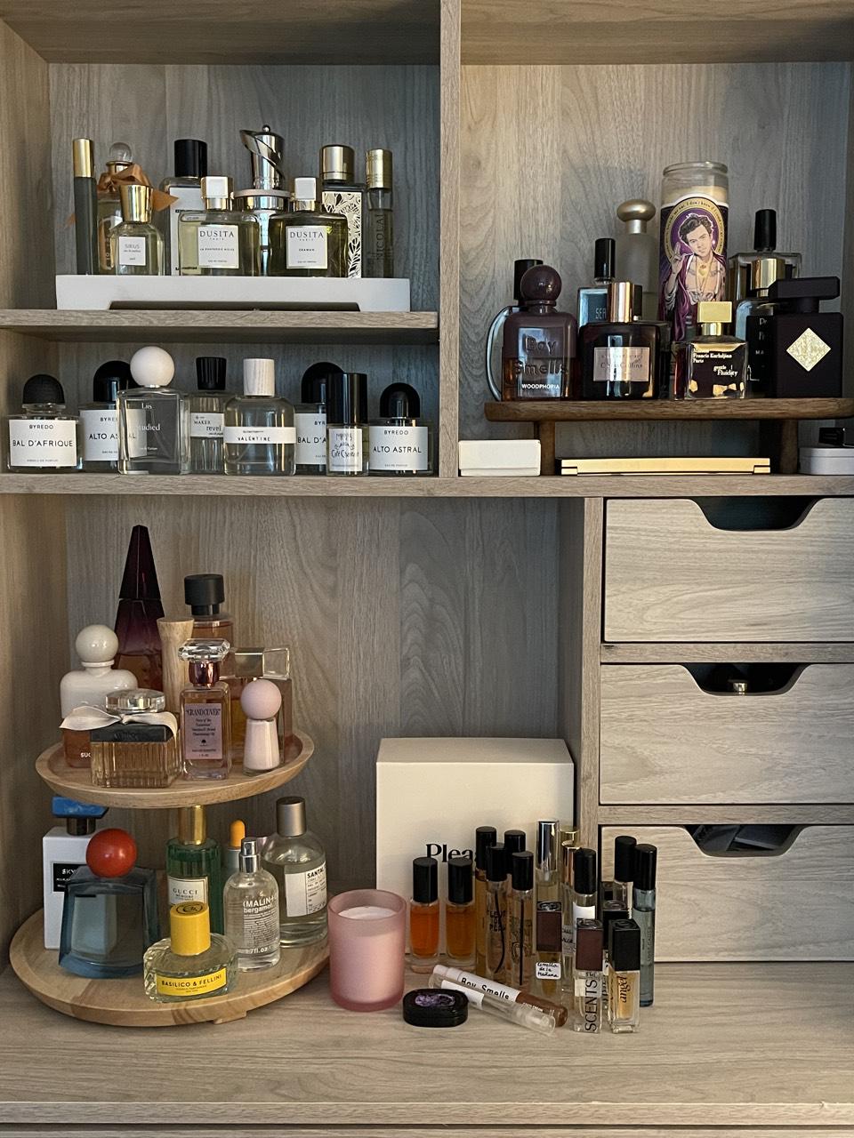 Katie's perfume collection is seen in this shot from her Washington, D.C., home. Her favorite scent, Byredo's Alto Astral, is seen on the middle left shelf at the far right (Katie Noelle)