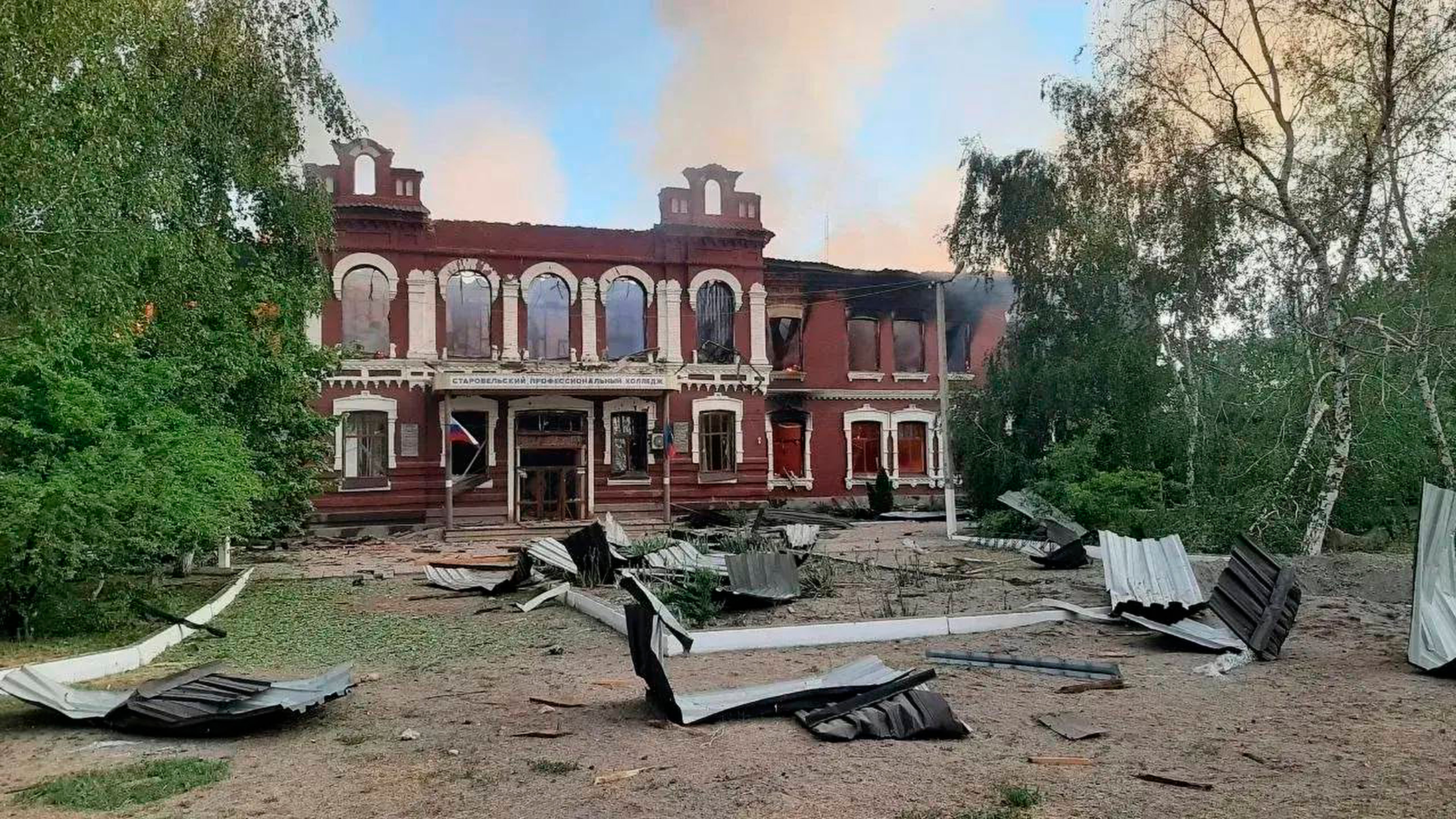 A photo shared by the Moscow-appointed head of Luhansk region shows a university college building damaged by Ukrainian drones in Starobilsk, Ukraine