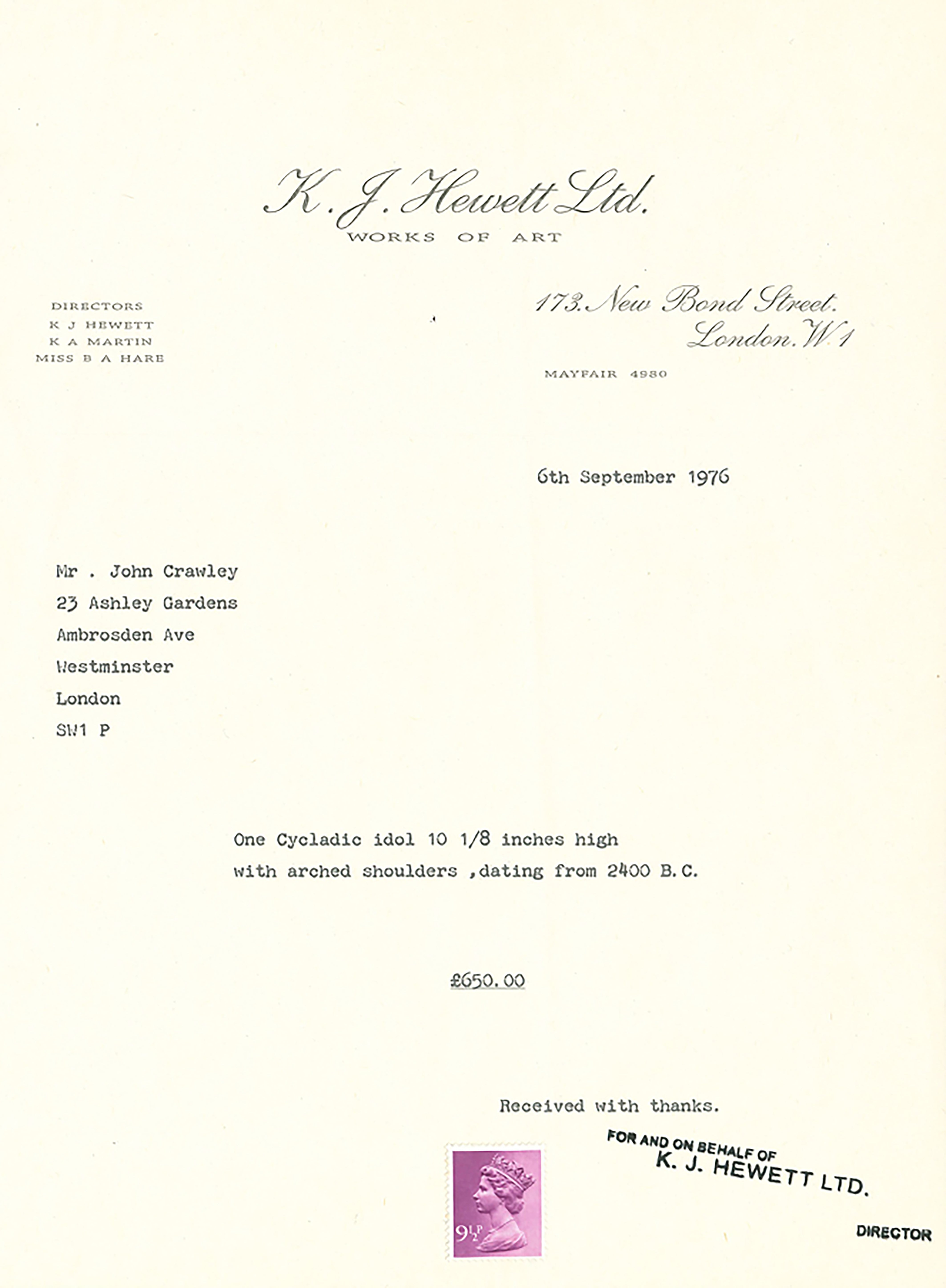 Crowley used a typewriter to submit fake invoices for the statues, allegedly written in 1976, on paper bearing the antique dealers' logo and even a nine-penny stamp.