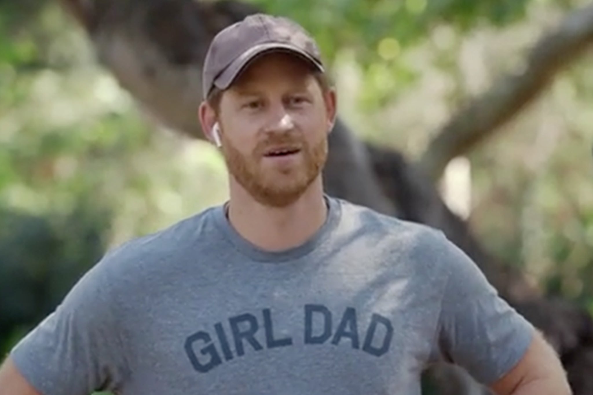 Prince Harry, father to Archie, seven, and Lilibet, four, wearing a ‘Girl Dad’ T-Shirt in a comedy skit video for his not-for-profit organization Travalyst