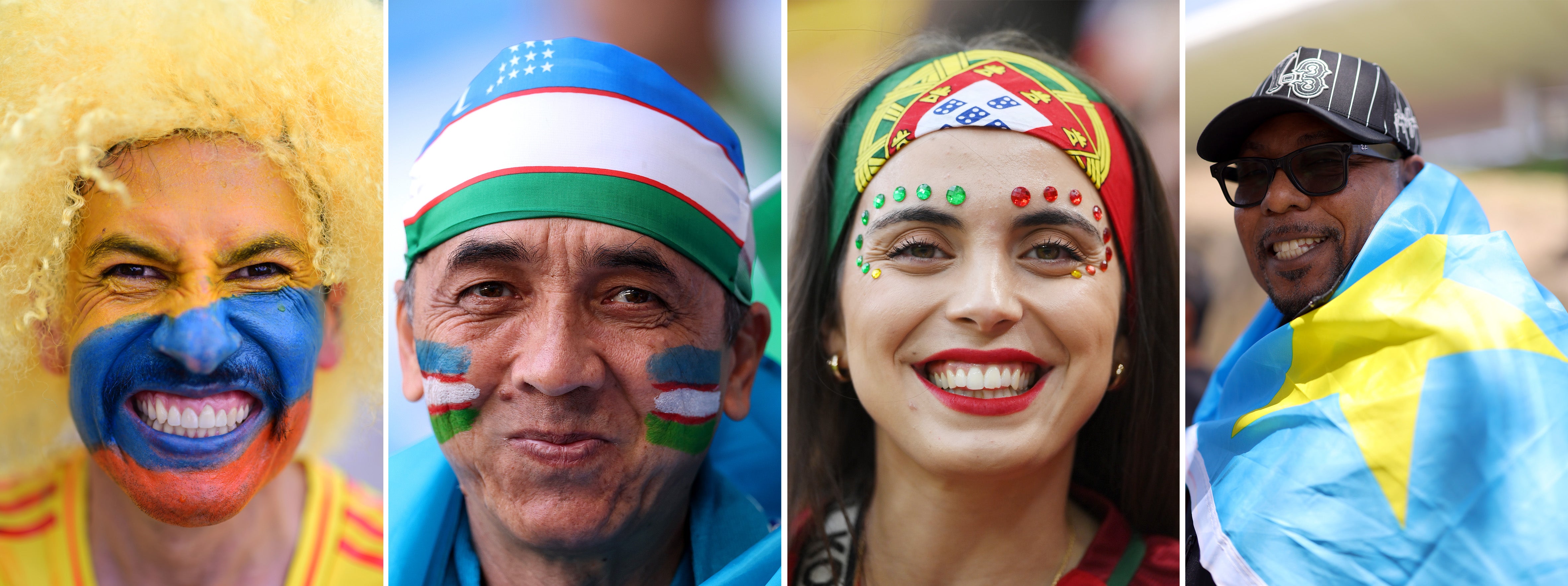 This composite image shows a fan of each of the 4 national teams of Portugal, Congo DR, Uzbekistan, Colombia taking part in Group K of the 2026 World Cup in USA, Mexico and Canada.